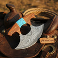 Damascus Push Dagger Ulu knife 4" Rosewood Turquoise Handle Kitchen Chopper Pizza Cutter