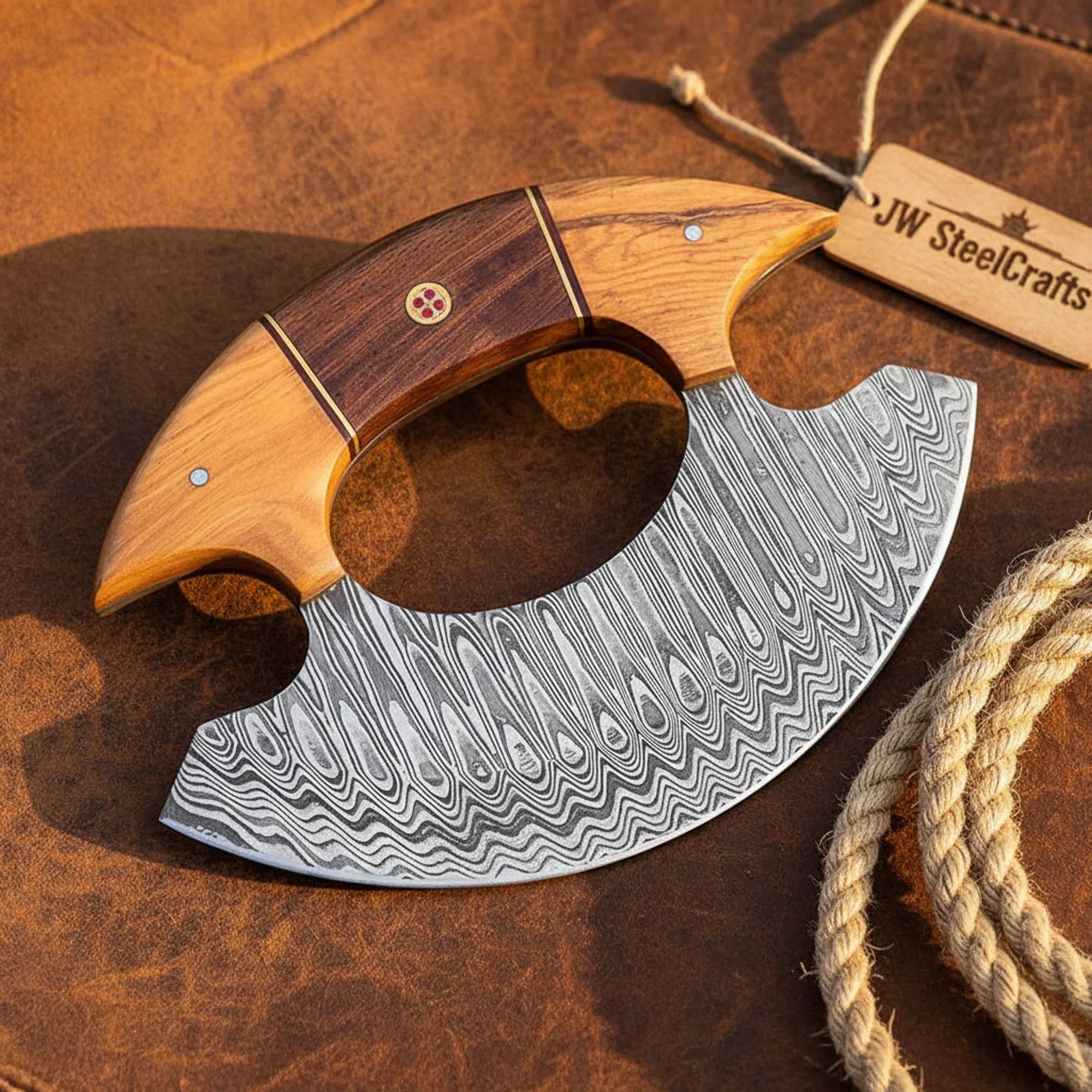 Arctic Rocker Ulu Knife – Hand-Forged Damascus Blade with Multi-Wood Handle for Effortless Chopping