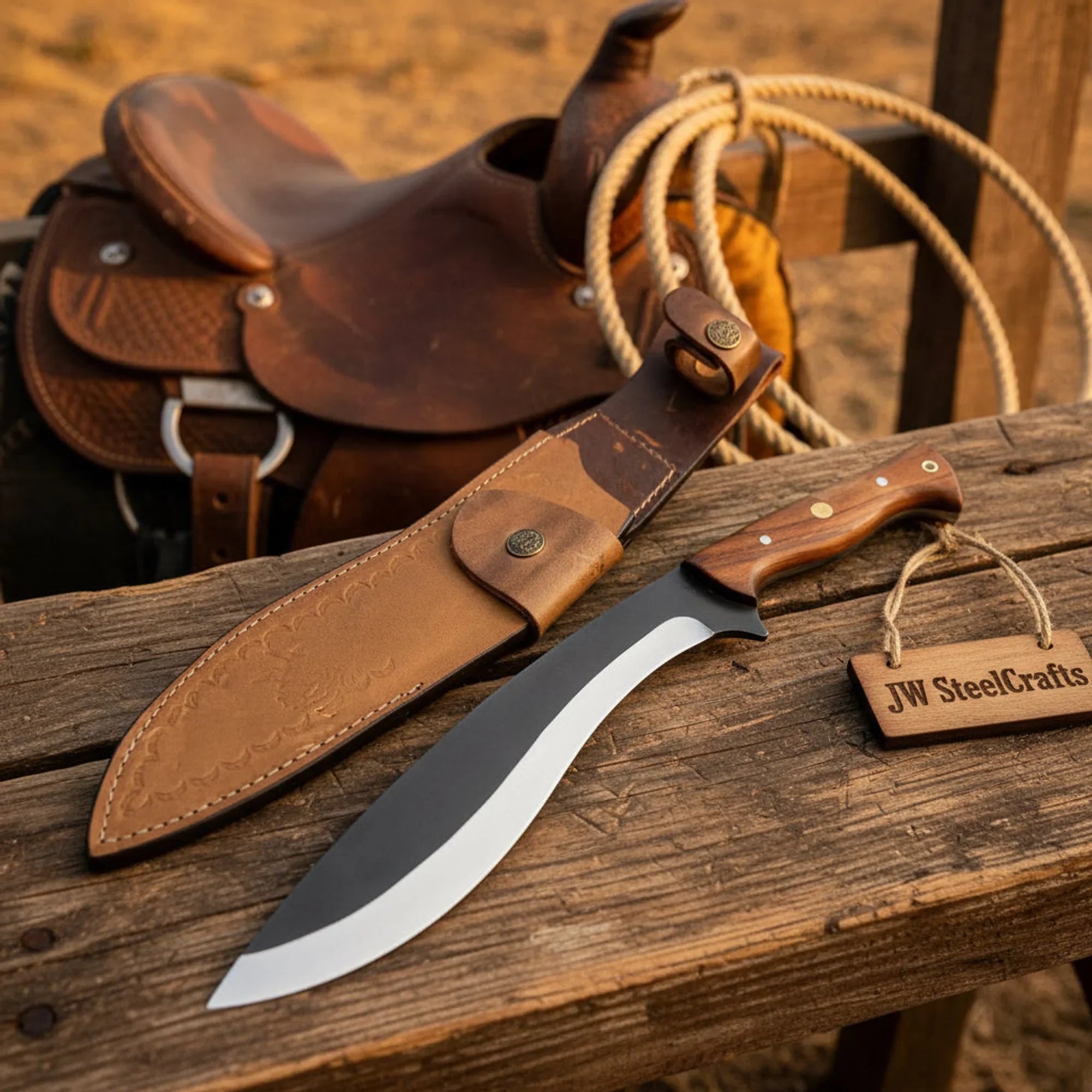Hand-Forged Carbon Steel Kukri Knife 14" Walnut Wood & Leather Sheath