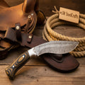 Damascus Tracker-Kukri Hybrid with Micarta Handle and Steel Bolster