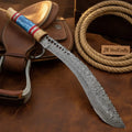 Damascus Sawback Kukri Machete Knife Blue Bone & Olive Wood Handle, 15"