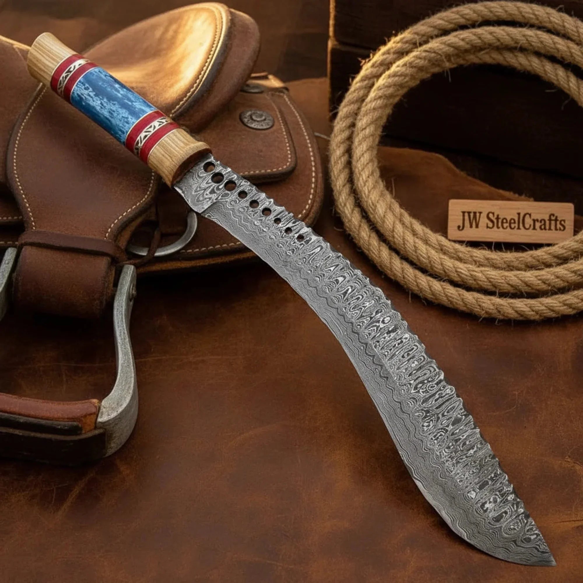 Damascus Sawback Kukri Machete Knife Blue Bone & Olive Wood Handle, 15"