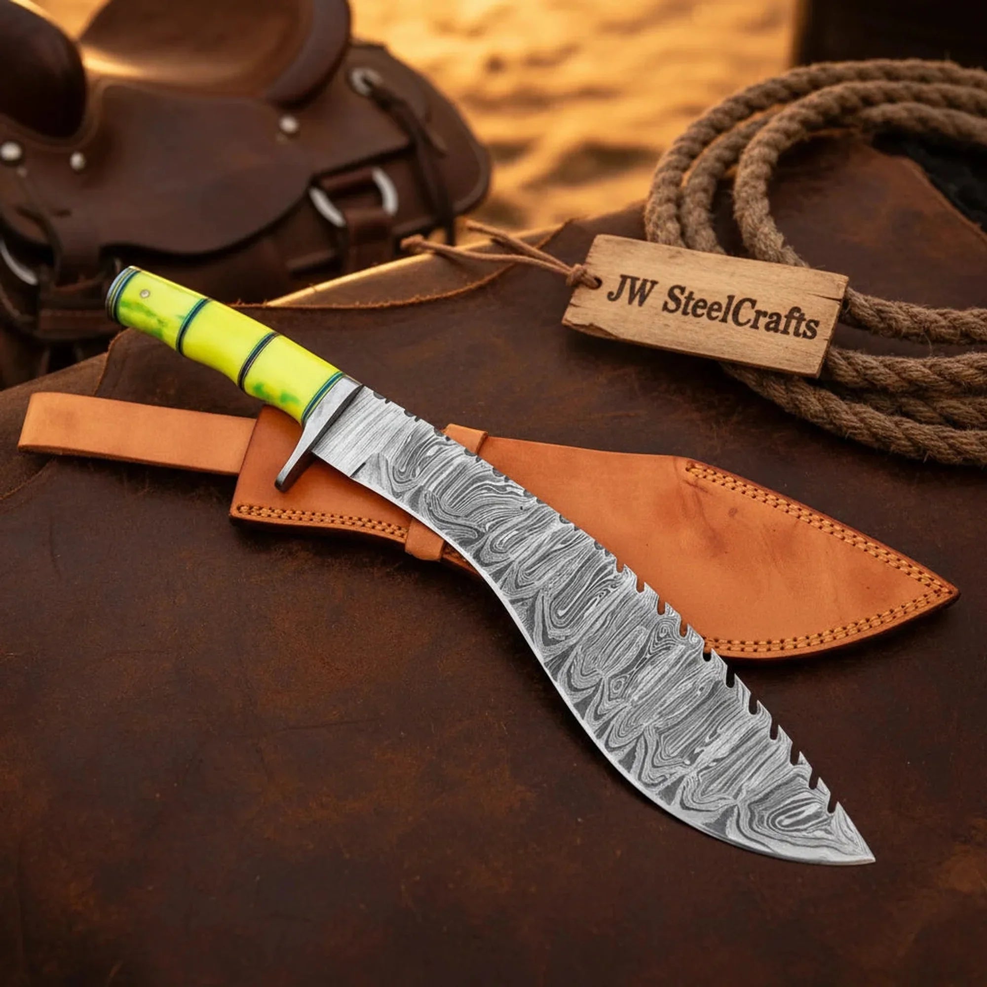 Damascus Gurkha Machete Knife yellow Resin Handle Serrated Spine Leather Sheath 15"