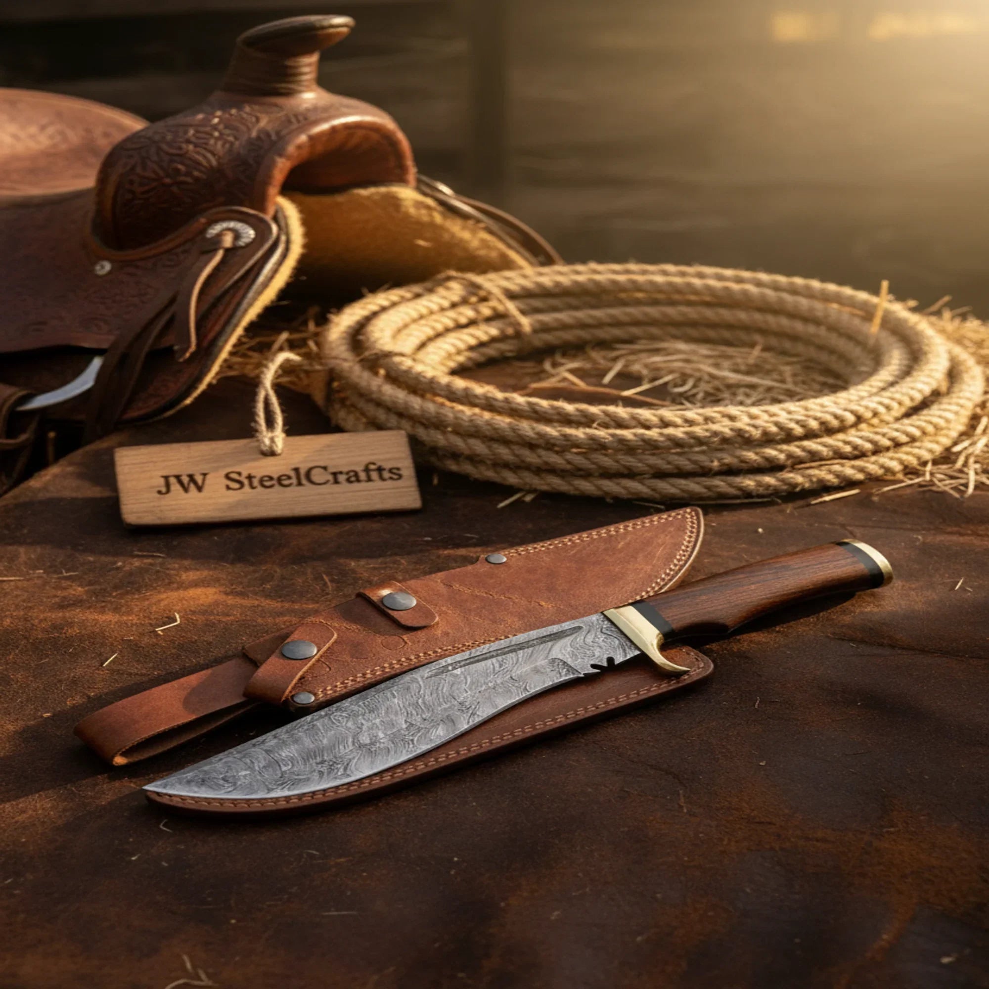 Handmade Damascus Bowie Knife 10" Rosewood Handle Brass Bolster Full Tang