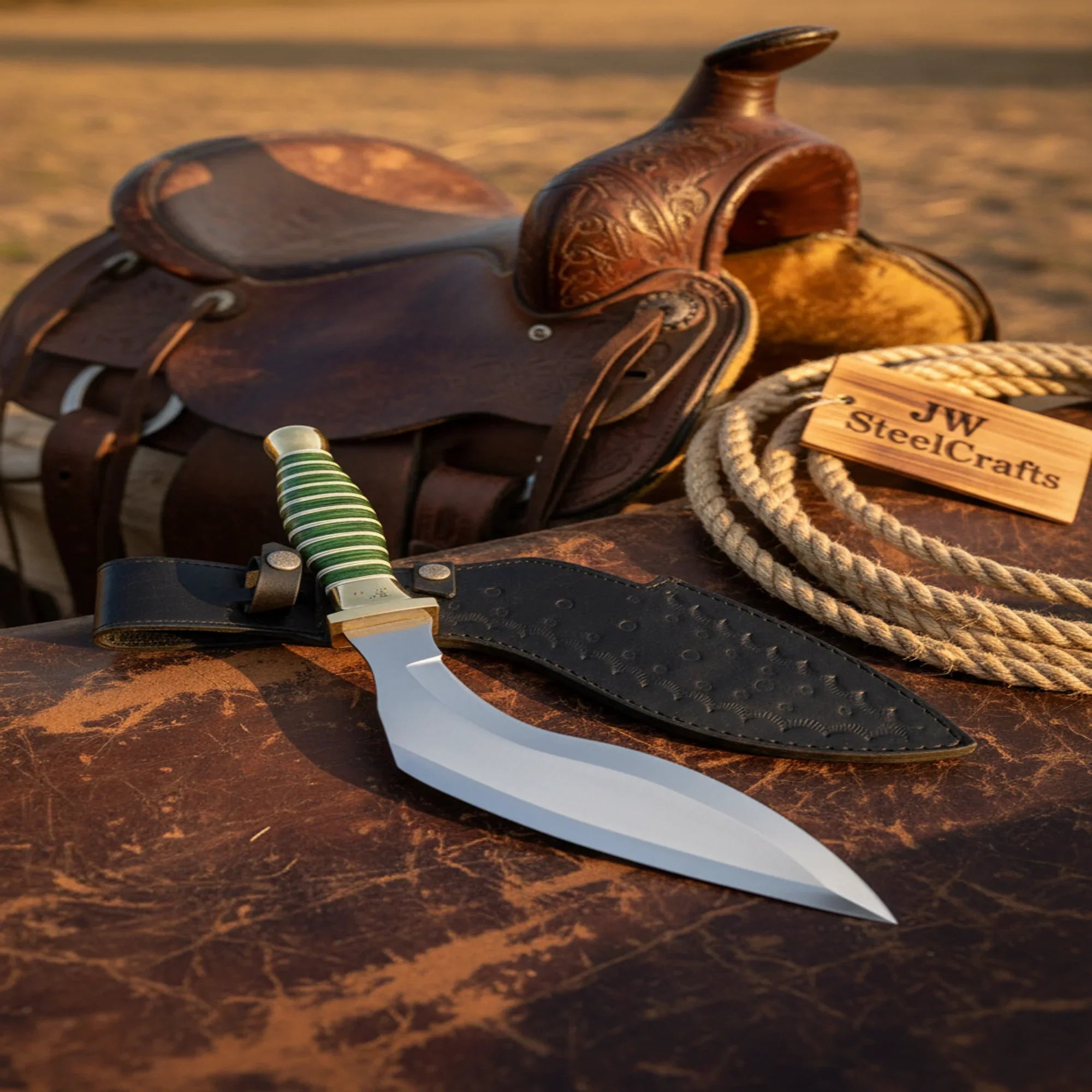Custom D2 Hunting Kukri – Hand-Forged Tool Steel Recurve Blade with Leather Sheath