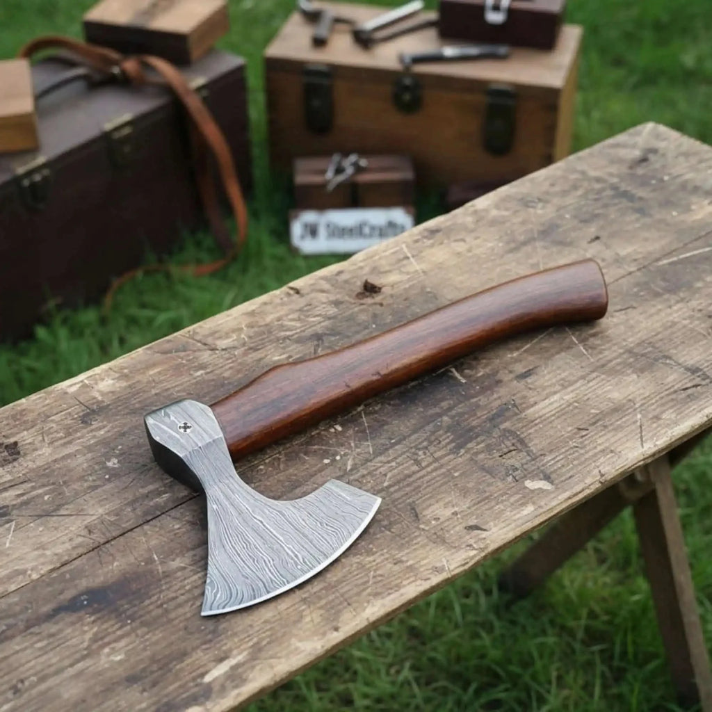 Damascus Wood Grain Hatchet with Bold Linear Forged Head