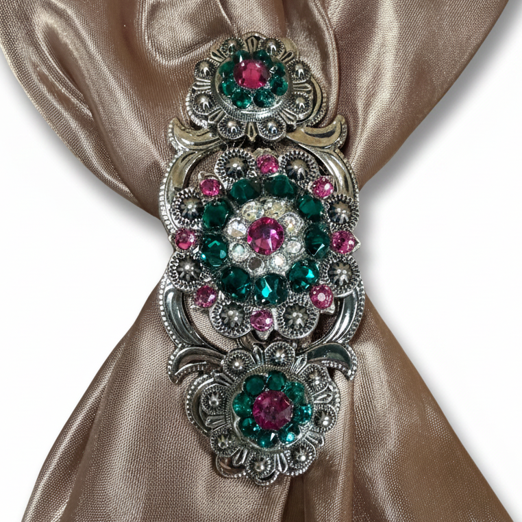 Antique Silver Fuchsia - Clear - Emerald Crystal Conchos | Sizes 1"- 3" | Buckles | Saddle Set | Leather Rosettes | Slide