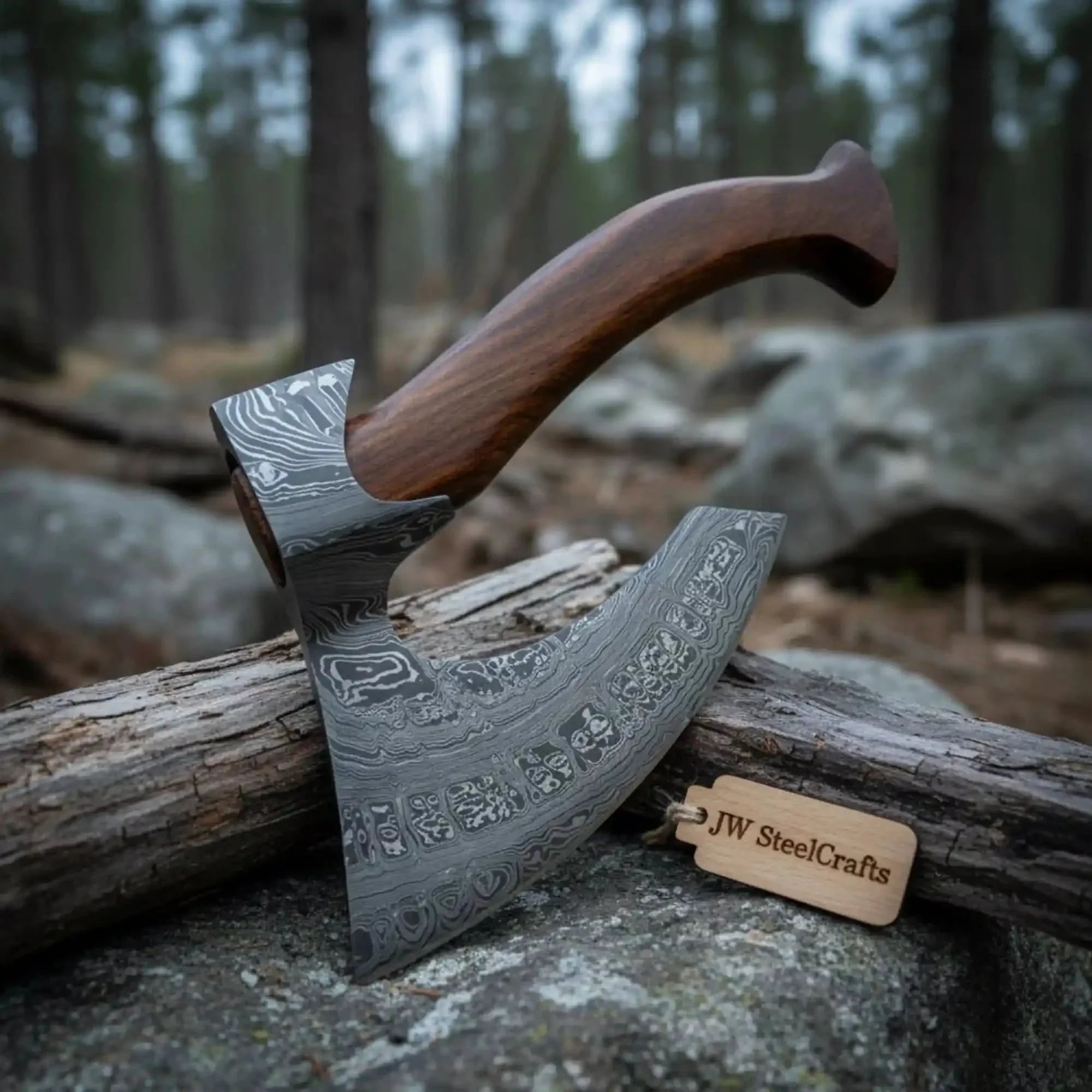 Korvath Damascus Bearded Hatchet with Multi Pattern Forged Head