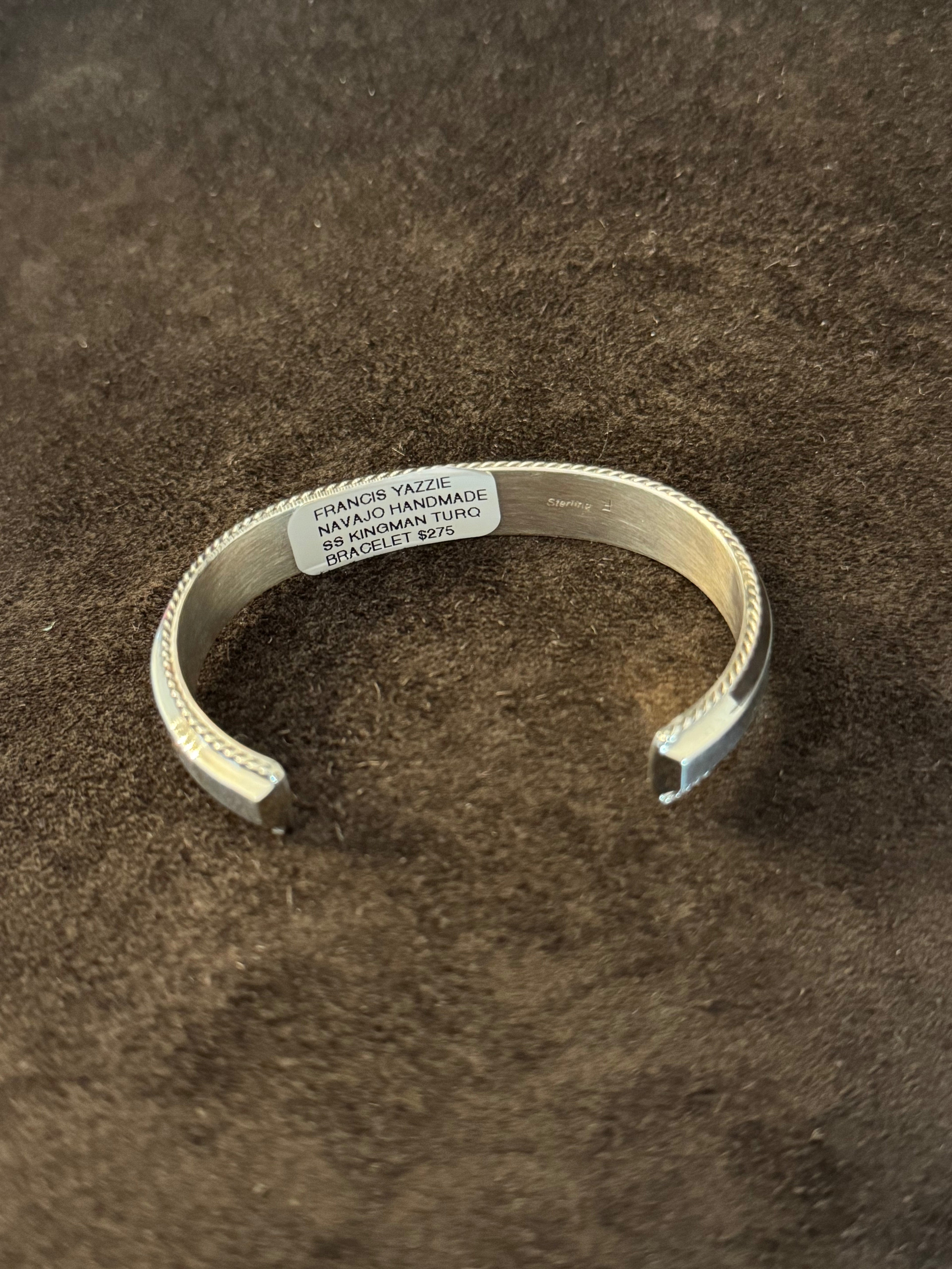 Kingman Turquoise Inlay Cuff Bracelet By Francis Yazzie — view 3