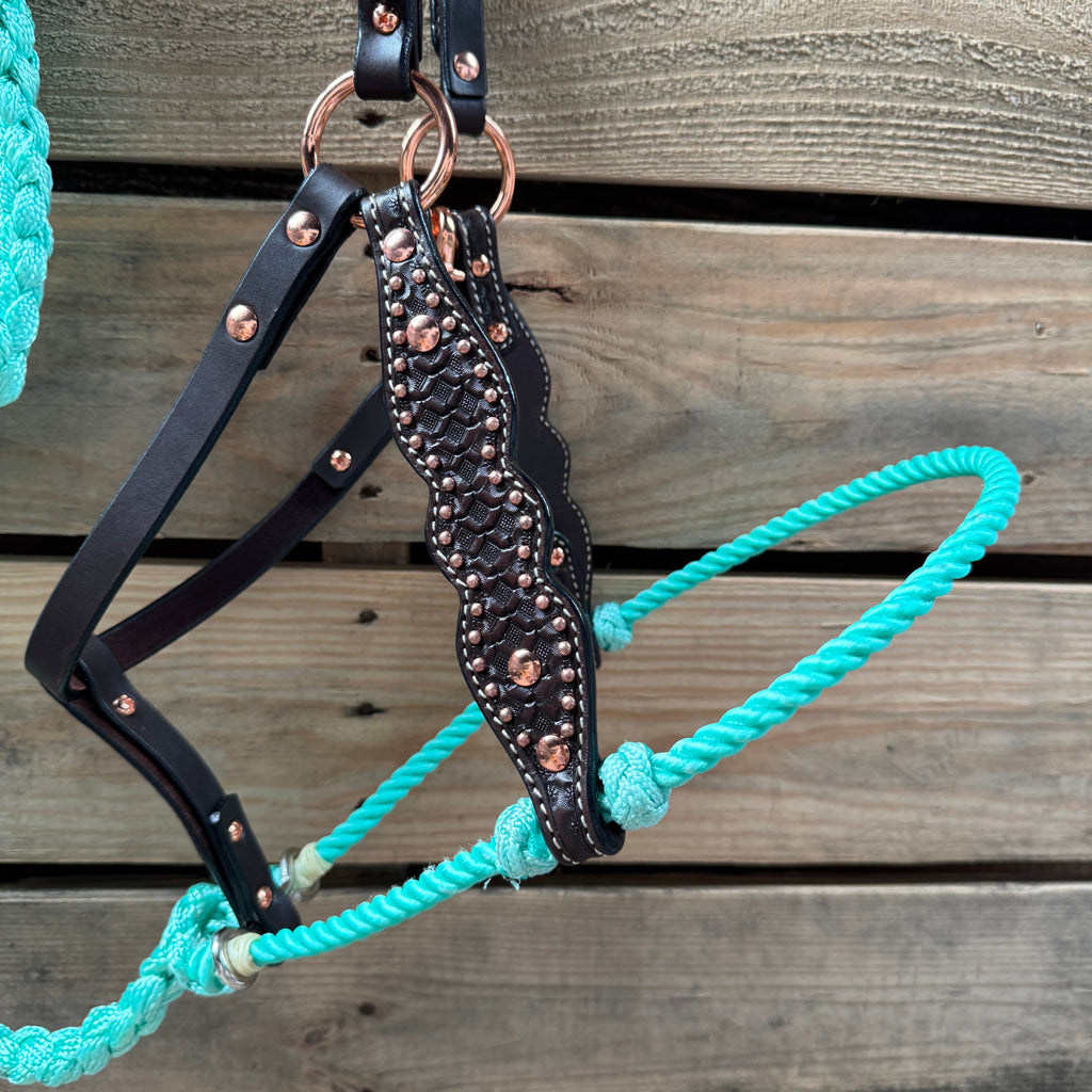 Turquoise Honeycomb Tooled Lariat & Leather Combo Halter — view 2