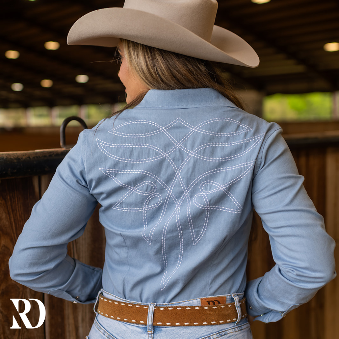 Light Wash Stretch Denim Stitched Performance Rodeo Shirt — view 2
