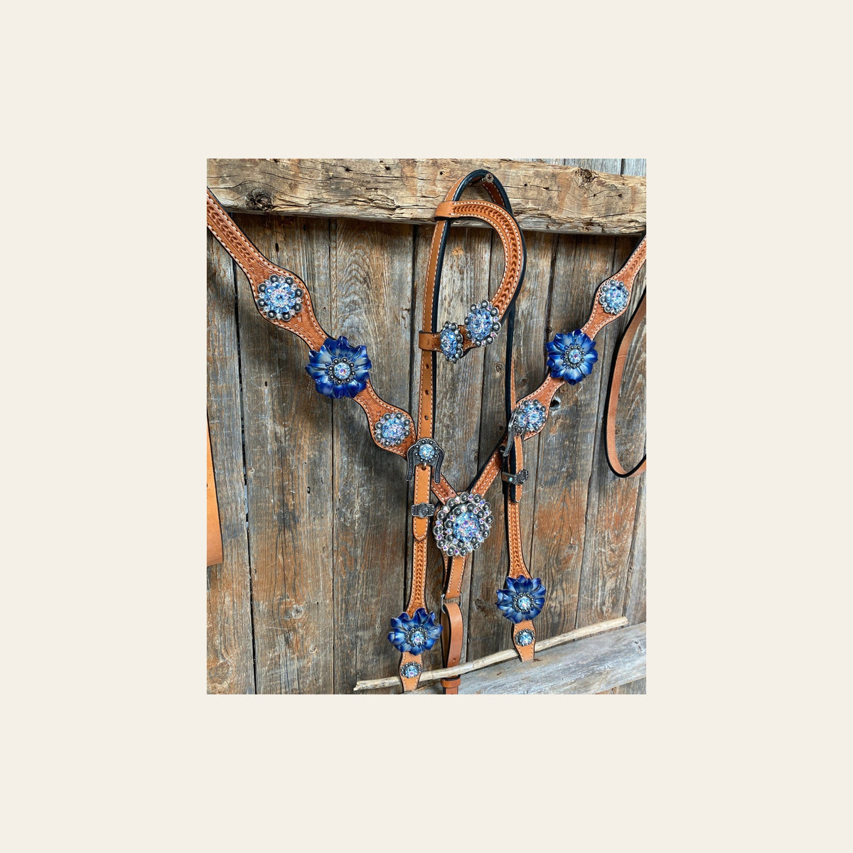 Light Oil Basketweave Blue Wither Strap, One Ear & Breastcollar Tack Set #OEBC438 on a warm cream background
