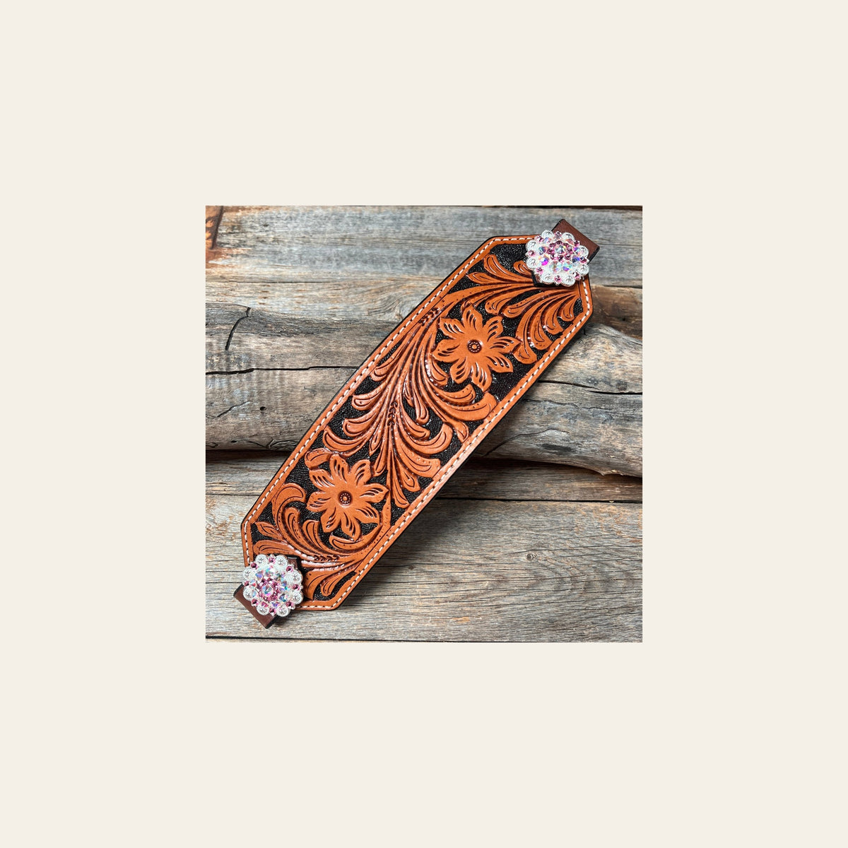 Light Oil Floral Bronc Noseband with Bright Silver Conchos - Style BNC108 on a warm cream background