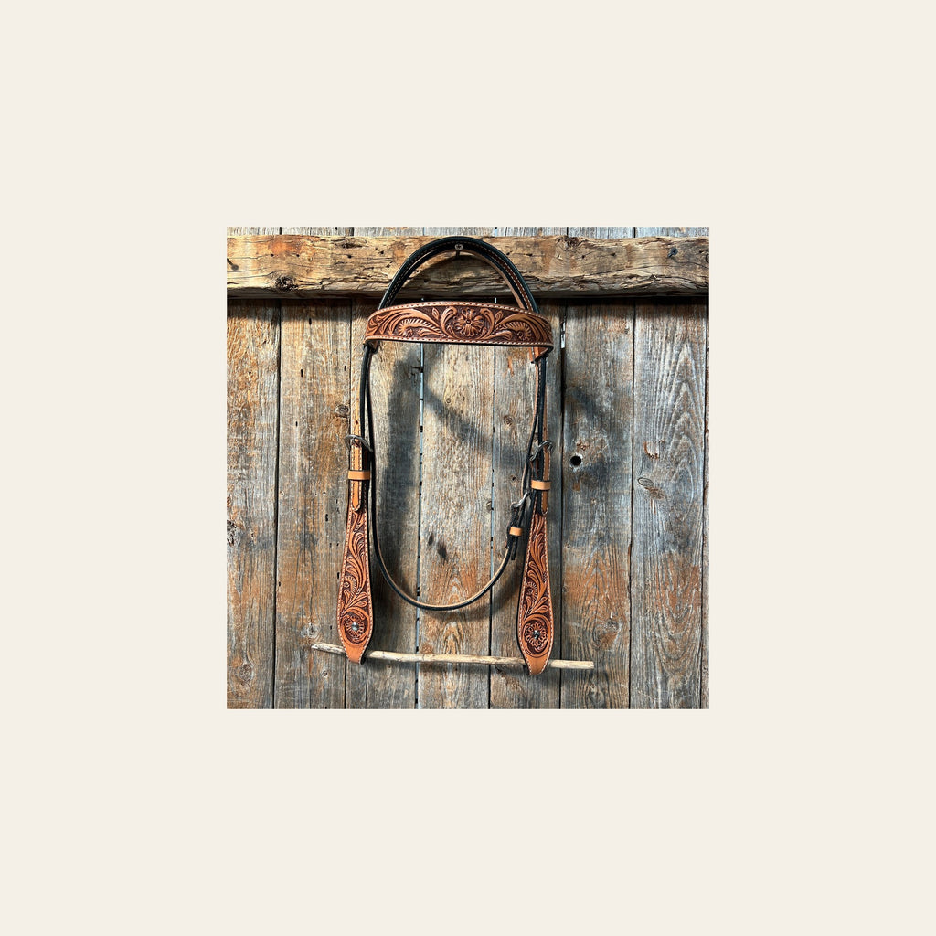 Light Oil Floral Tooled Buckaroo Style Browband Headstall / Bridle on a warm cream background
