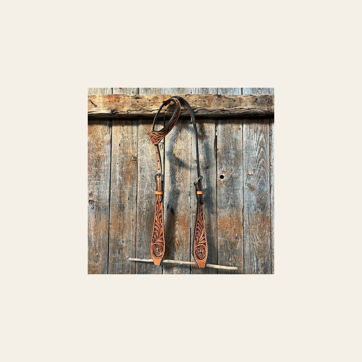 Light Oil Floral Tooled Buckaroo Style One Ear Headstall / Bridle on a warm cream background