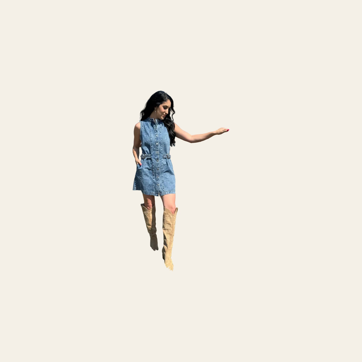 Loretta Belted Denim | Dress on a warm cream background