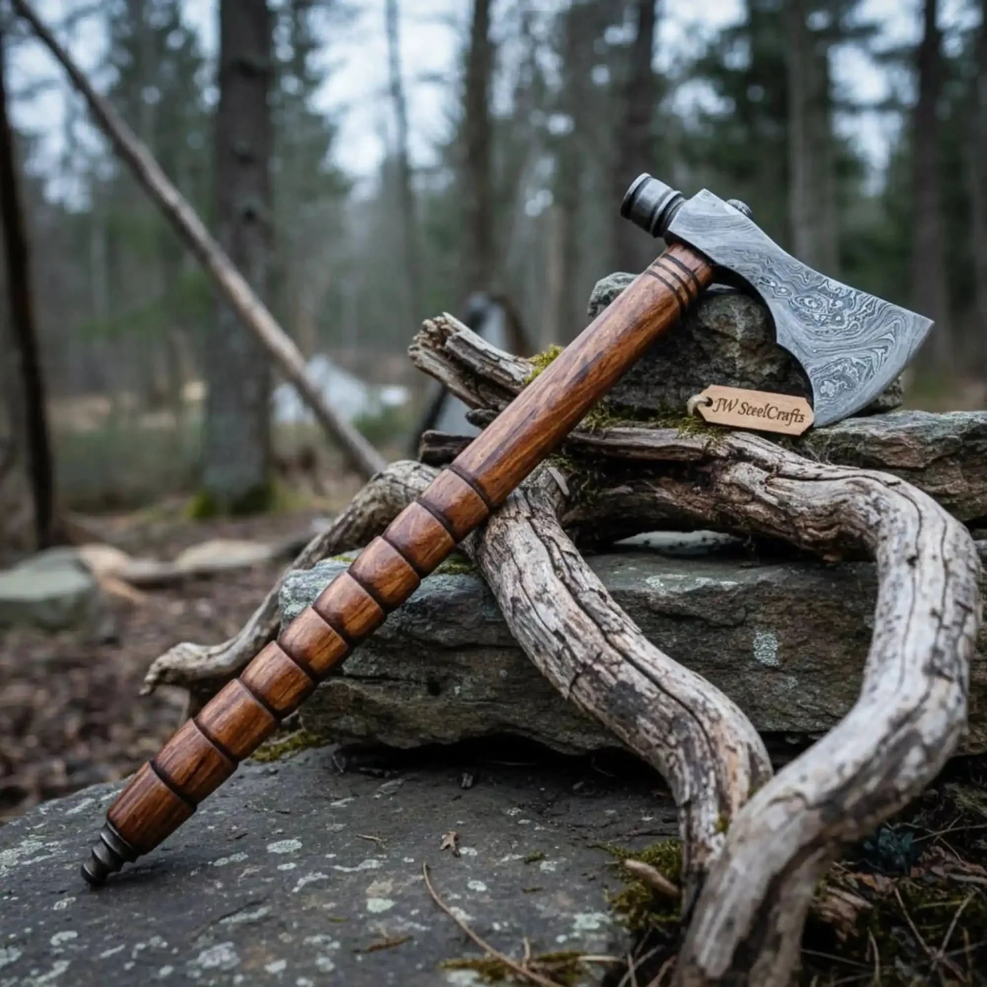 Damascus Smoking Axe with Leather Sheath and Ringed Rosewood Handle