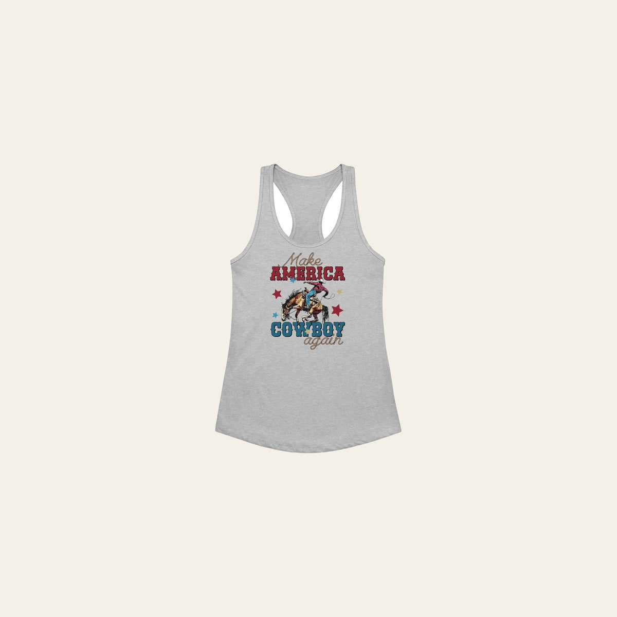 MACA Women’s Fitted Racerback Tank Top on a warm cream background