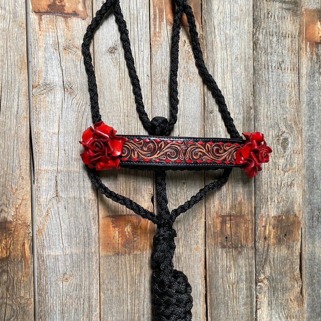 Mule Tape Halter -Leather Noseband - Large Roses — view 2