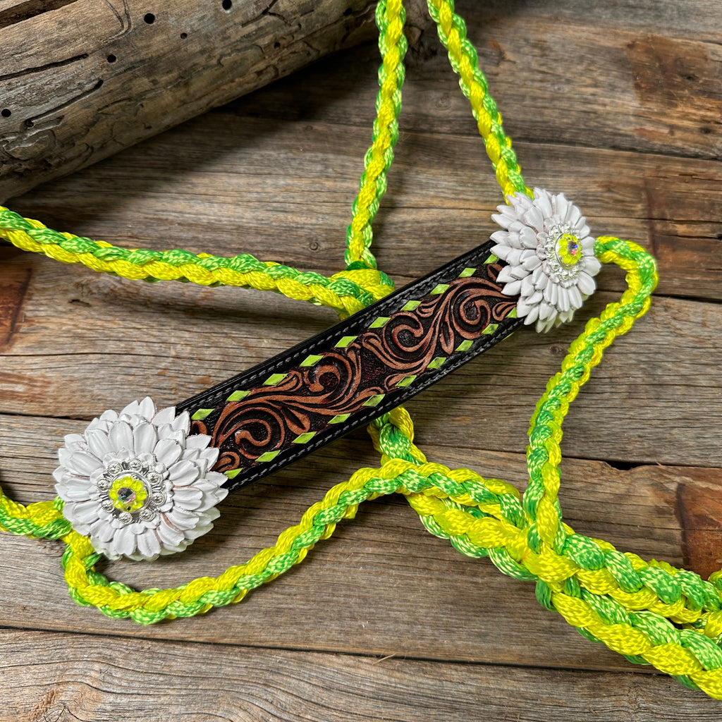 Yellow and Lime Mule Tape Halter - White Daisy #MT217 — view 2