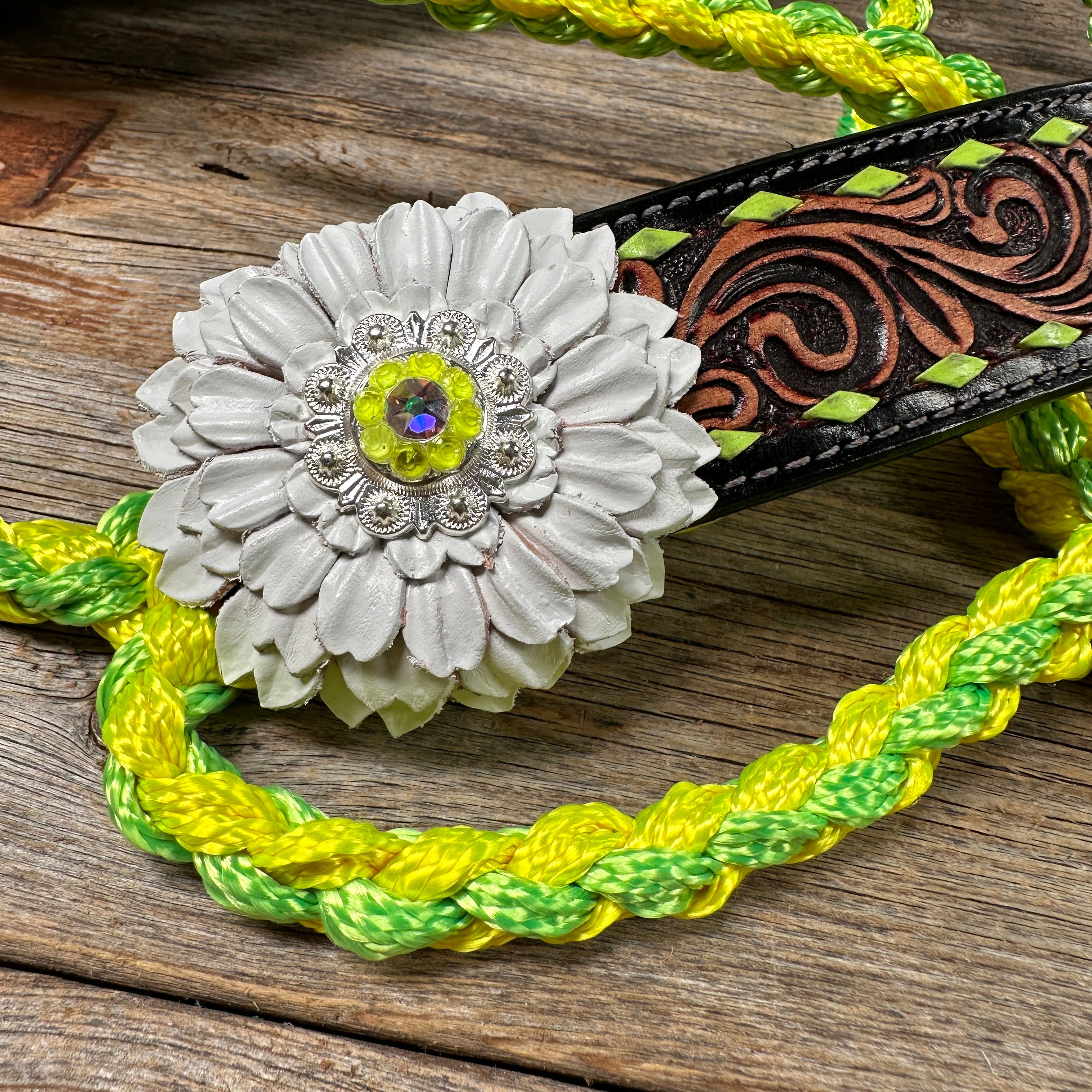 Yellow and Lime Mule Tape Halter - White Daisy #MT217 — view 3