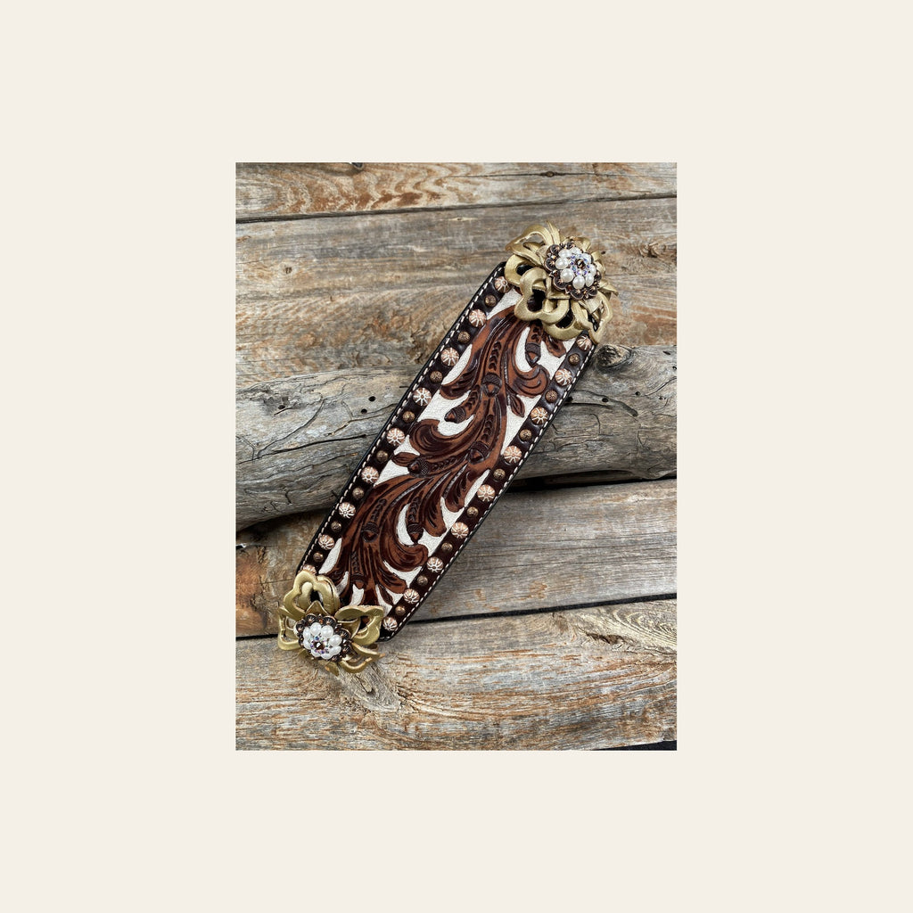 Medium Oil Copper Dot Bronc Noseband with Gold Lotus Flowers / Copper Topaz, AB, Peal European Crystal Conchos on a warm cream background