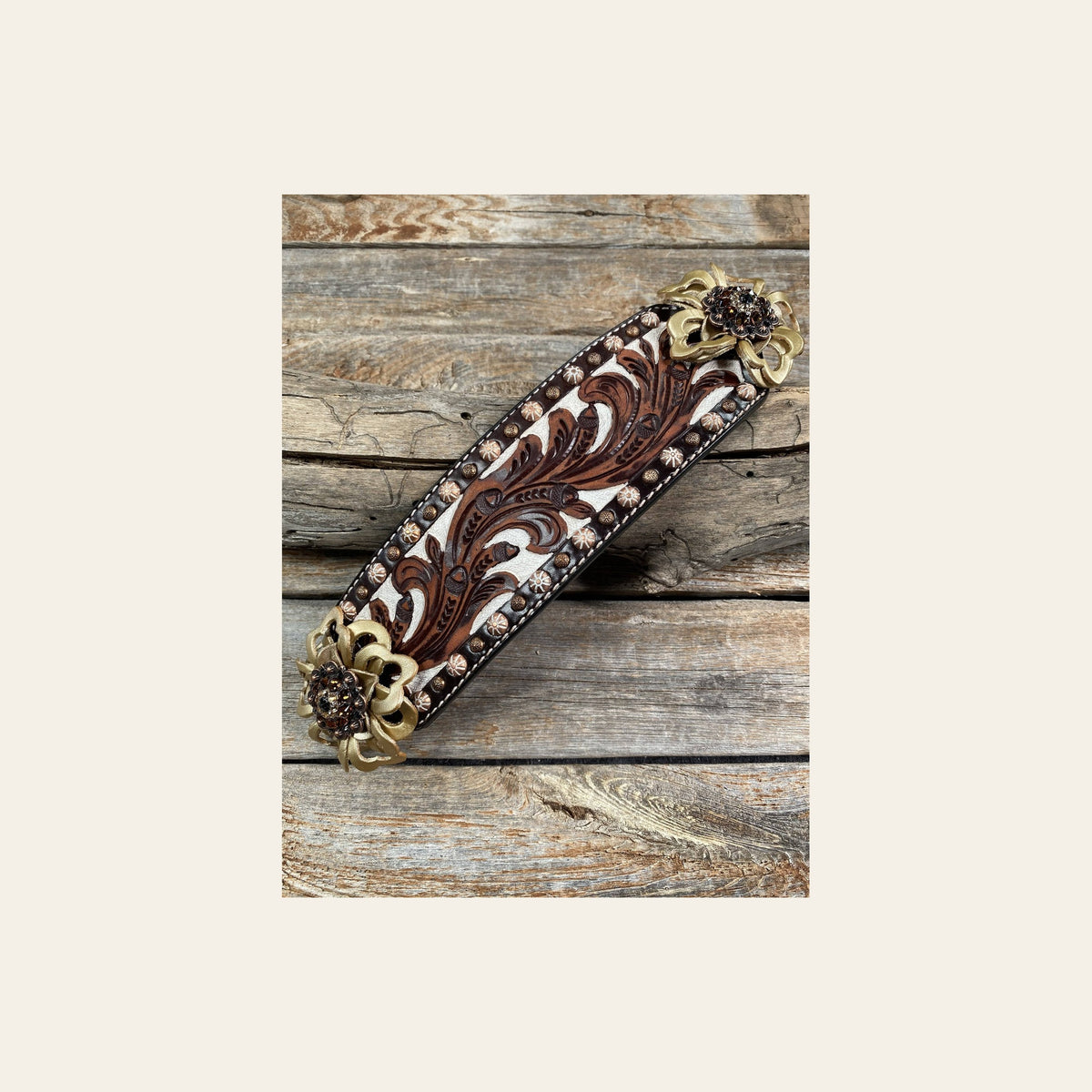 Medium Oil Copper Dot Bronc Noseband with Gold Lotus Flowers - Copper Jet, Champagne and Topaz European Crystal Conchos on a warm cream background