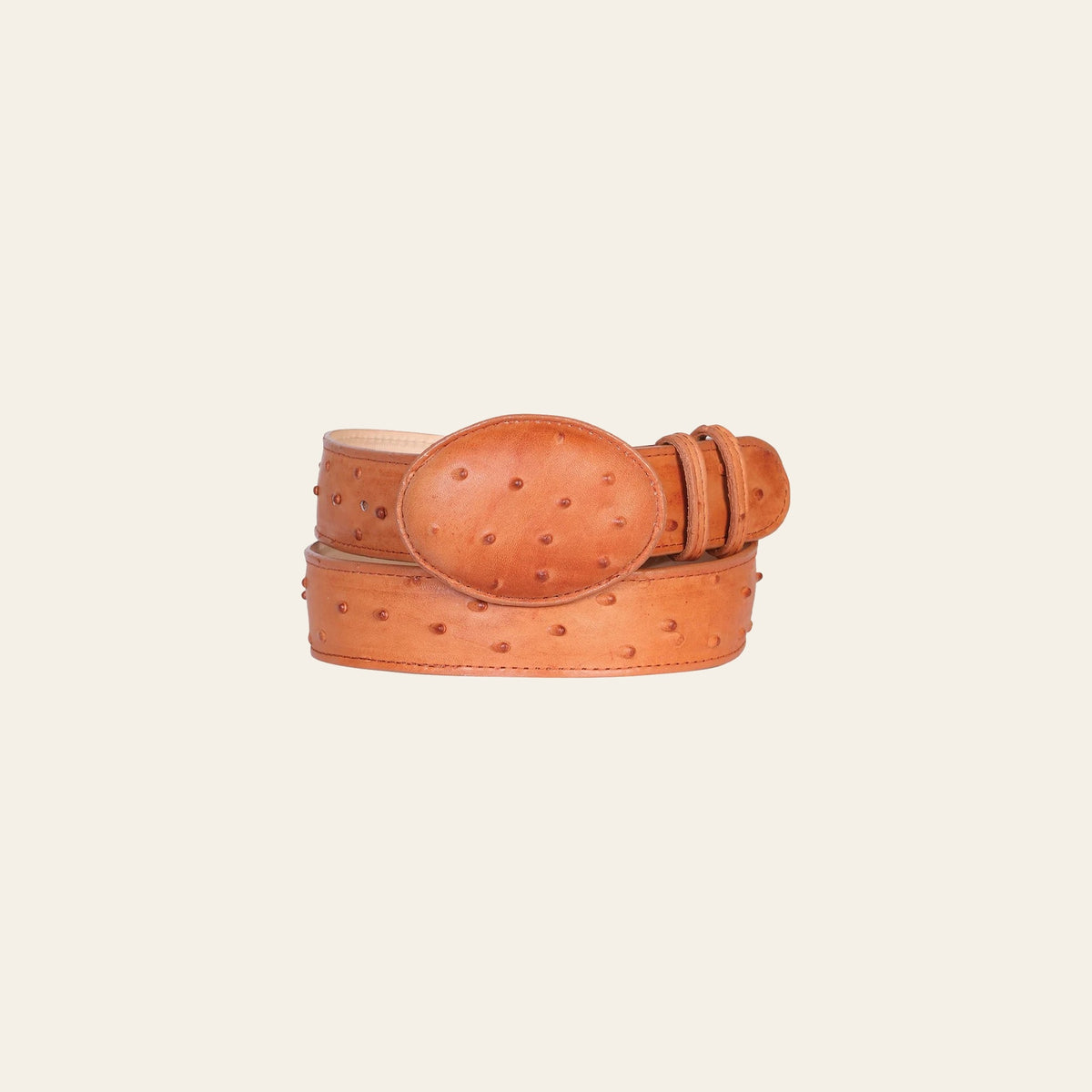Men's Leather Cowboy Western Belt - Imitation Ostrich - Cognac 703 on a warm cream background