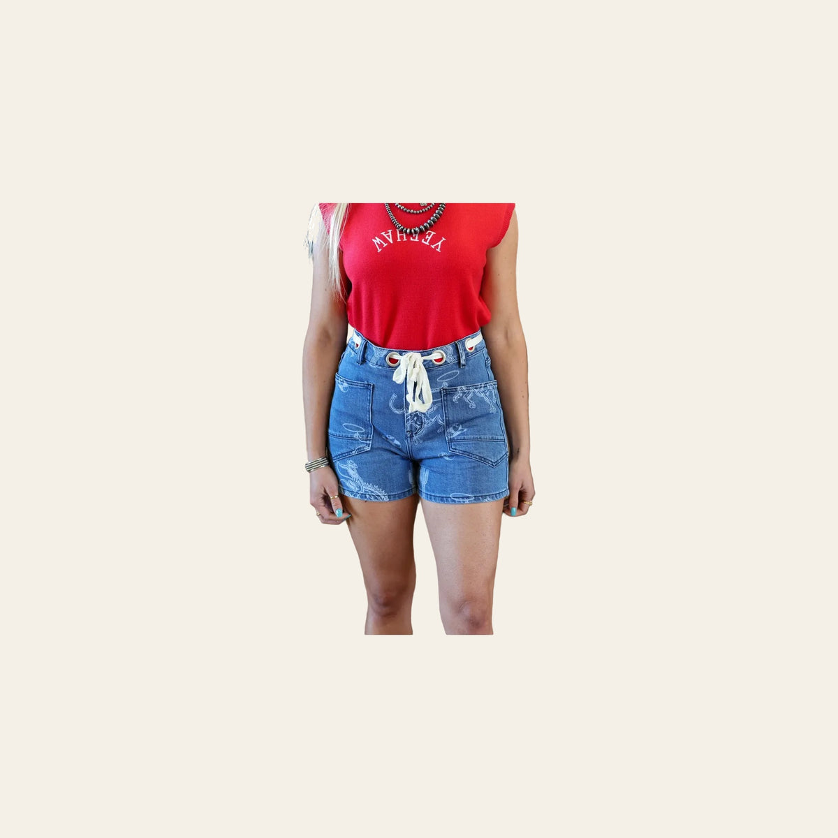 Mesa Western Print Denim | Shorts on a warm cream background