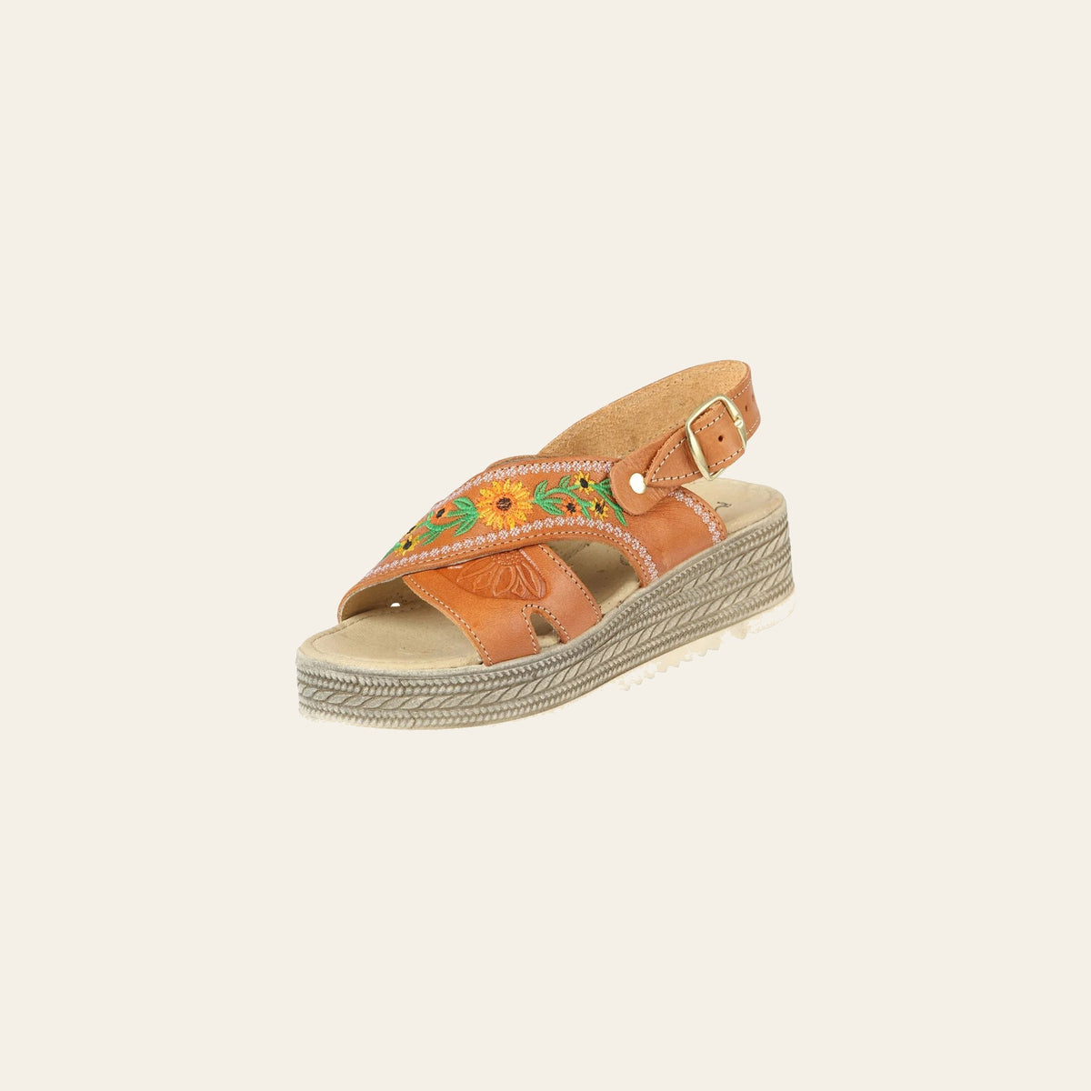 Mexican Artisanal Sandals Leather Honey 604021 on a warm cream background
