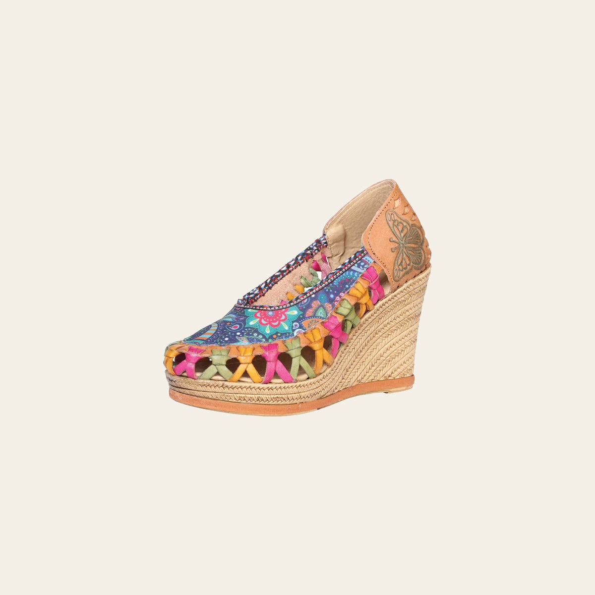 Mexican Artisanal Sandals Leather Multicolor 601934 on a warm cream background