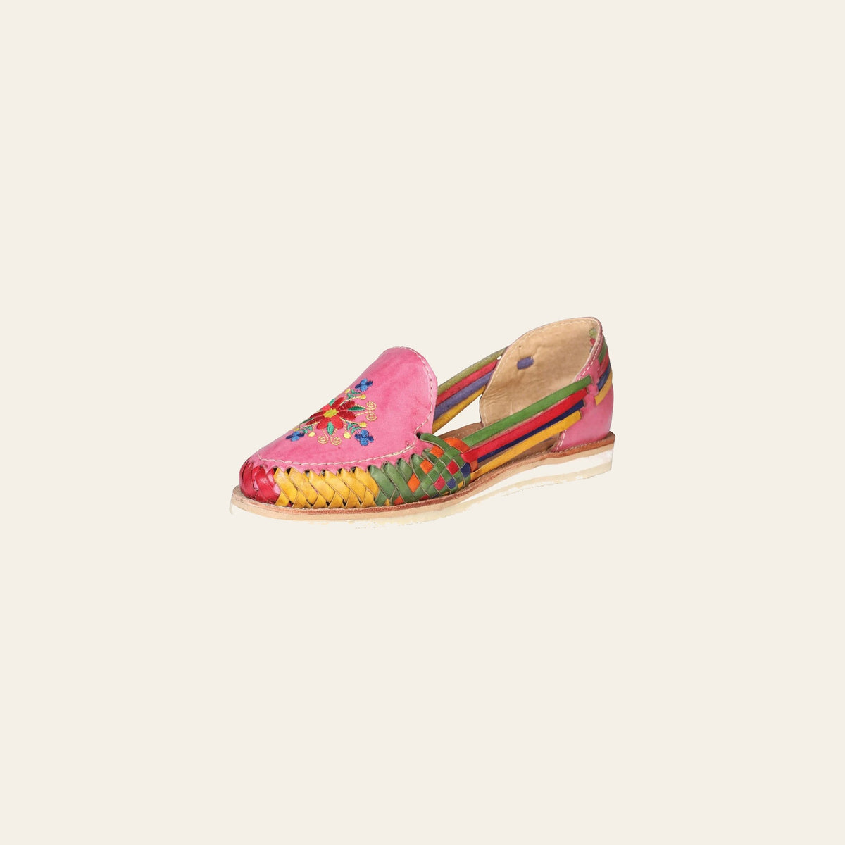 Mexican Artisanal Sandals Leather Pink 602361 on a warm cream background