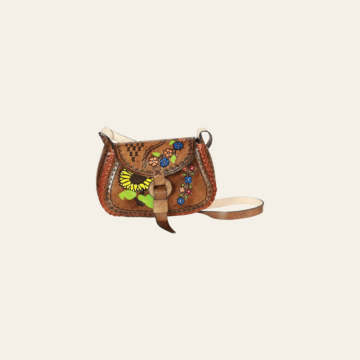 Artisanal Handbag Leather Brown/Multicolor 603679 on a warm cream background