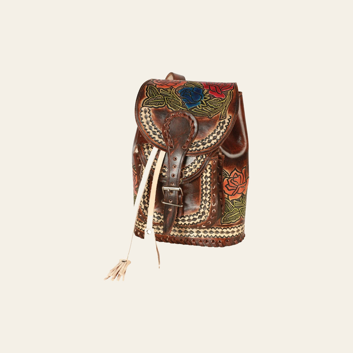 Artisanal Handbag Leather Brown/Multicolor 603682 on a warm cream background