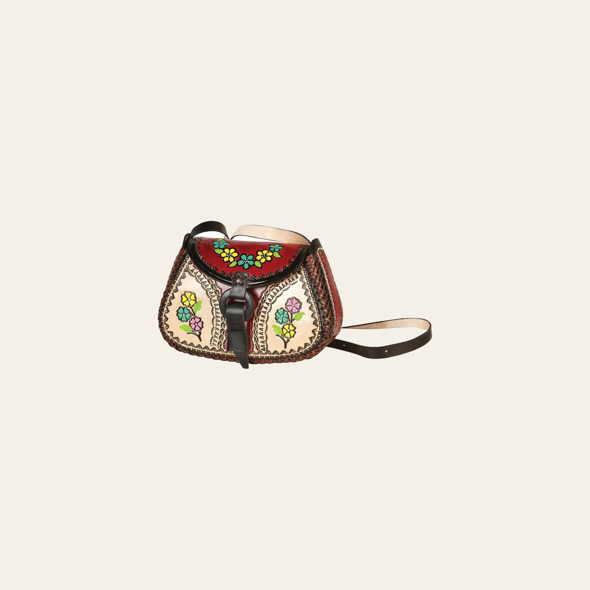 Artisanal Handbag Leather Wine/Multicolor 603680 on a warm cream background