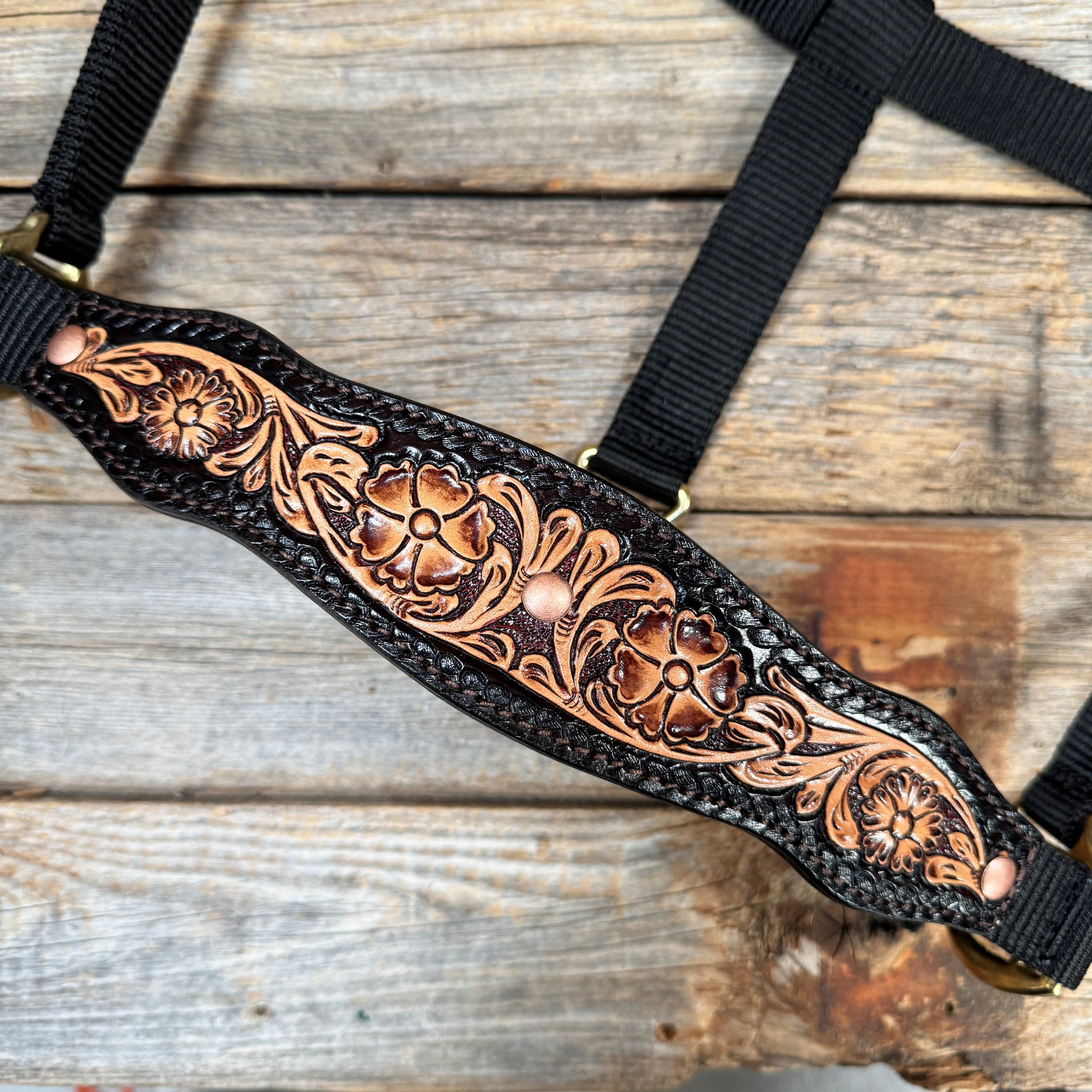 Black Nylon Halter with Floral Leather Noseband #NH116 — view 2