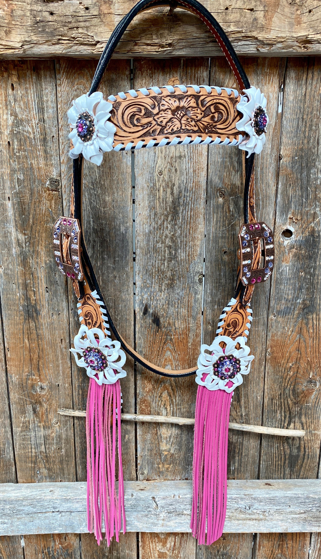 White Whipstitch Pink and White Browband/One Ear & Breastcollar Tack Set #BBBC426 — view 6