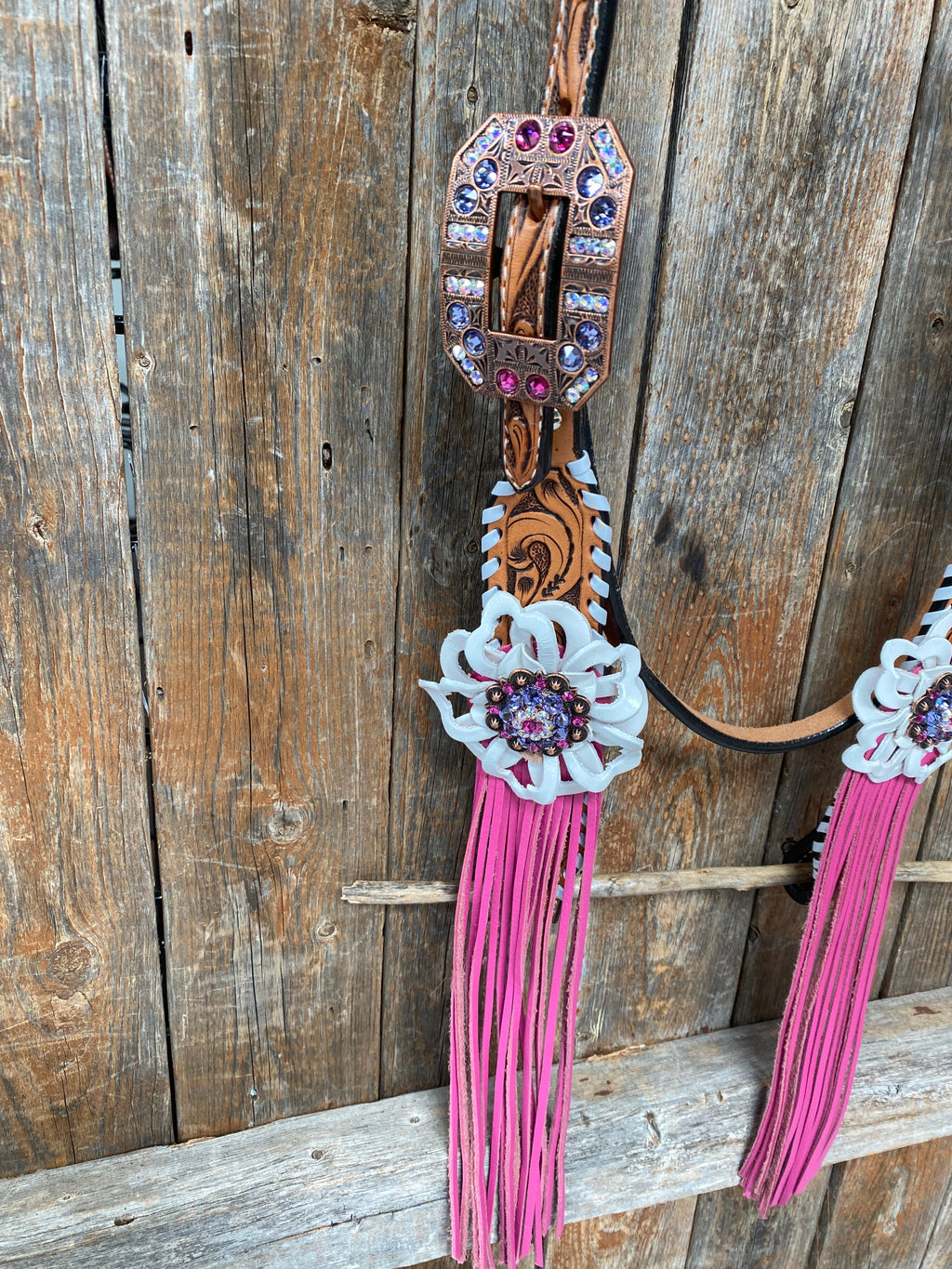 White Whipstitch Pink and White Browband/One Ear & Breastcollar Tack Set #BBBC426 — view 7