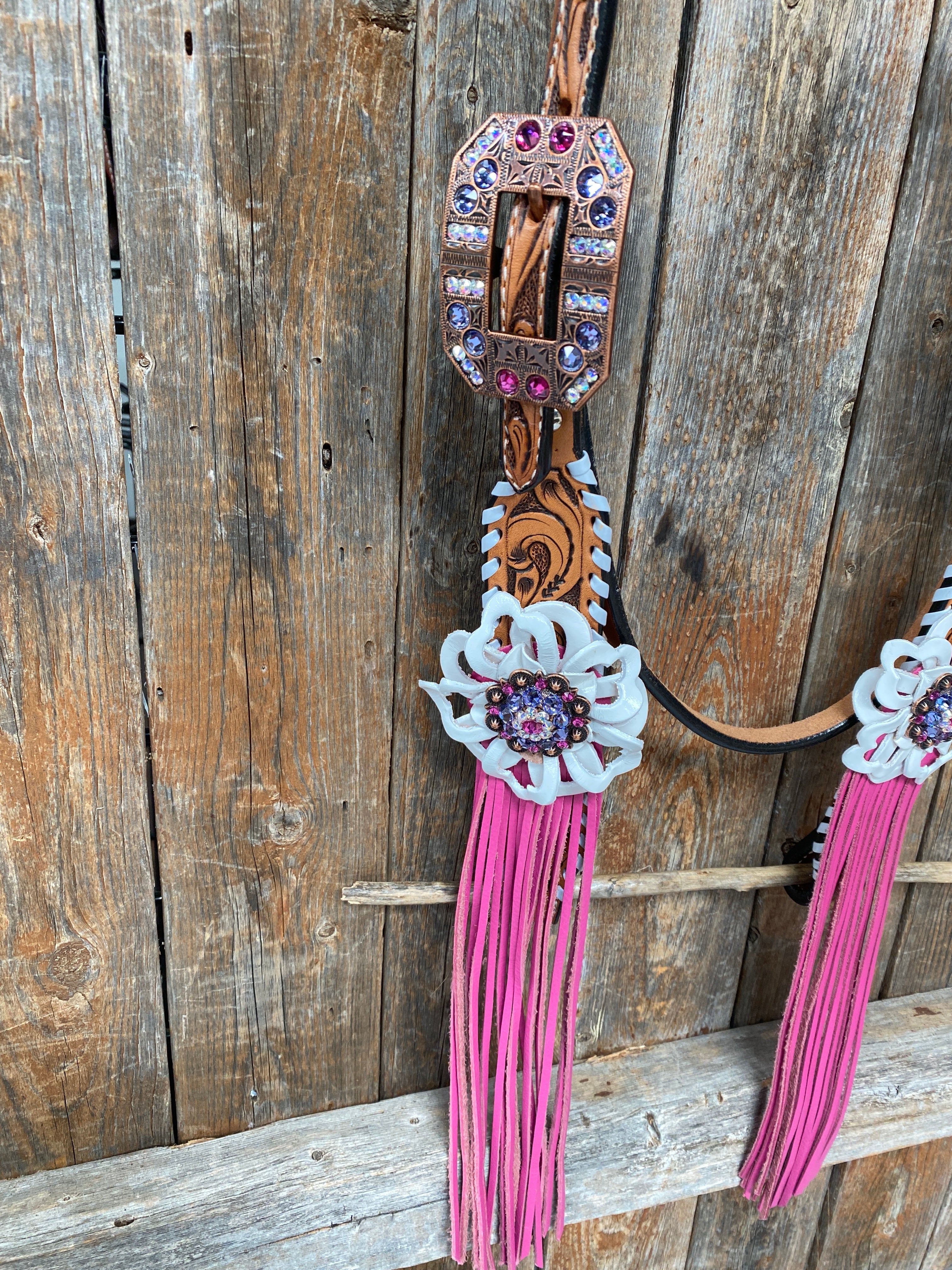 White Whipstitch Pink and White Browband/One Ear & Breastcollar Tack Set #BBBC426 — view 7