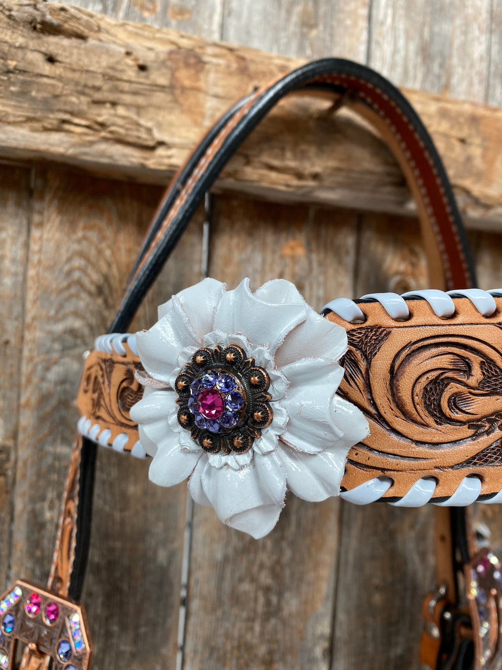 White Whipstitch Pink and White Browband/One Ear & Breastcollar Tack Set #BBBC426 — view 8