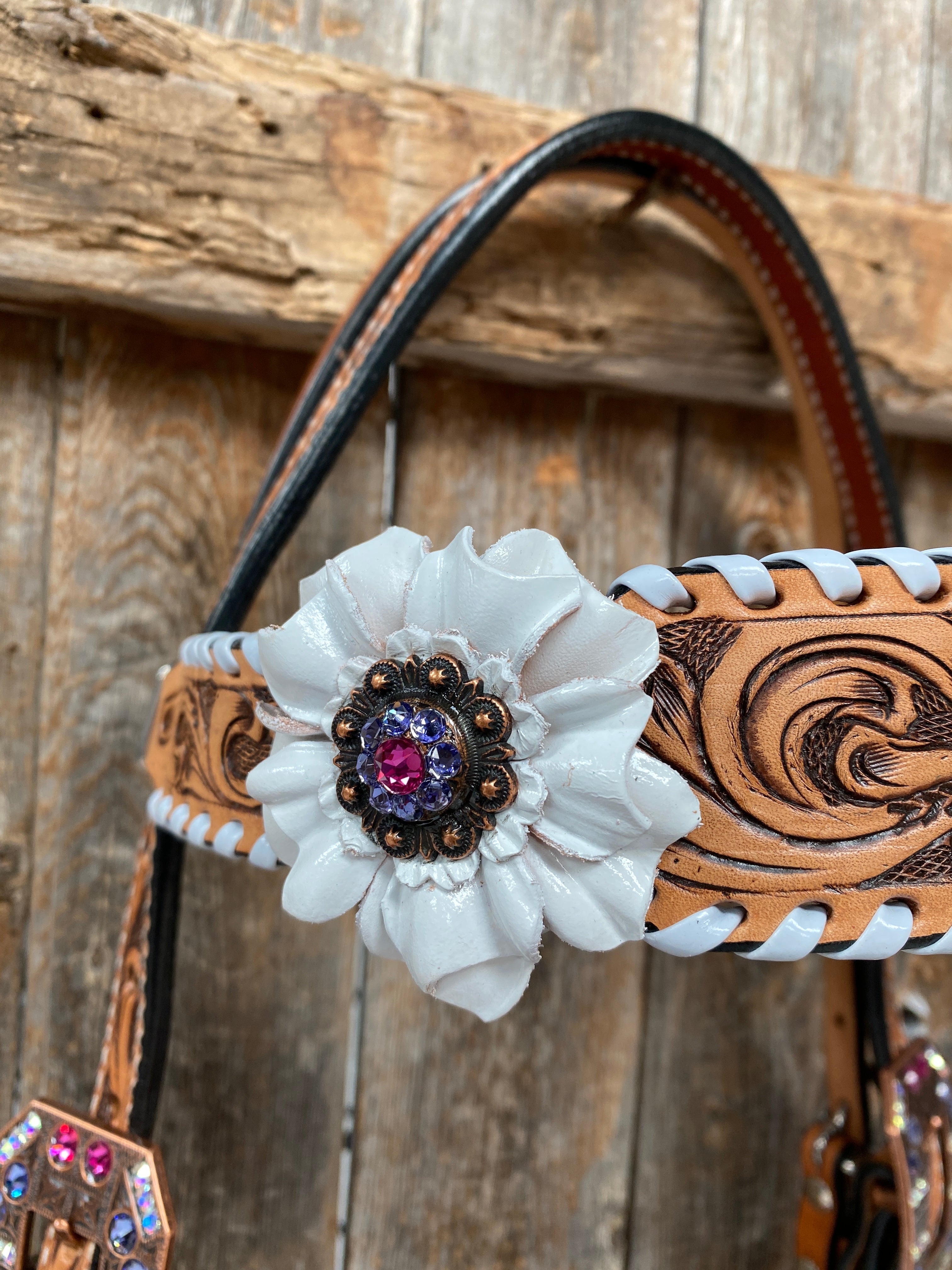 White Whipstitch Pink and White Browband/One Ear & Breastcollar Tack Set #BBBC426 — view 8