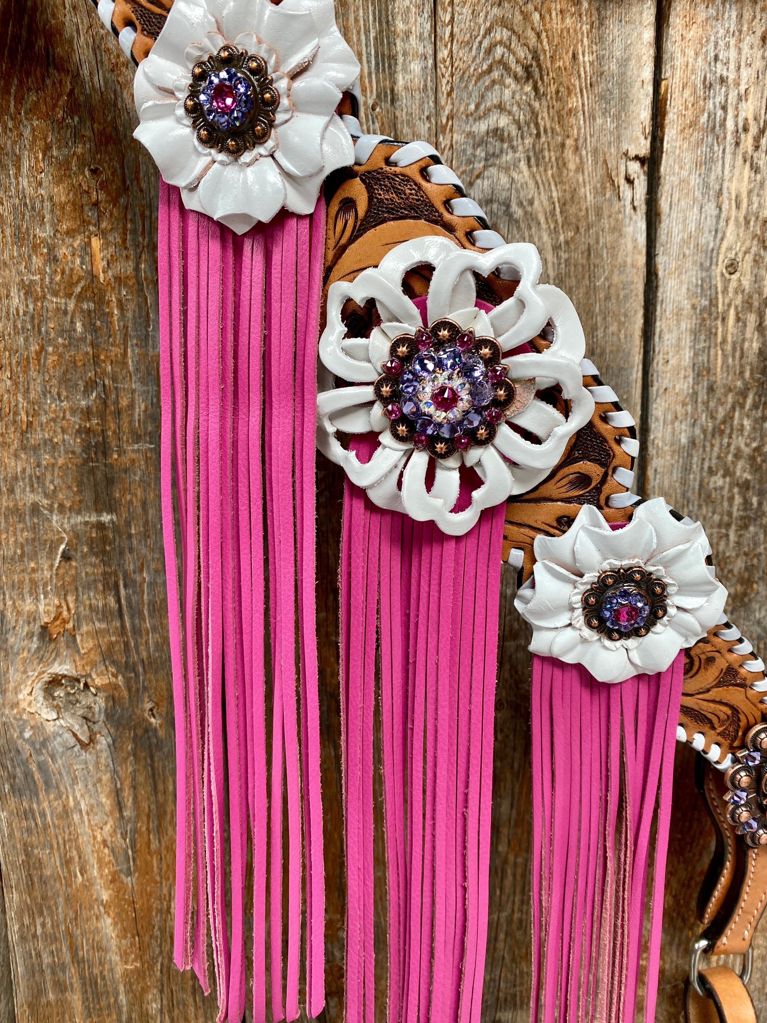 White Whipstitch Pink and White Browband/One Ear & Breastcollar Tack Set #BBBC426 — view 5