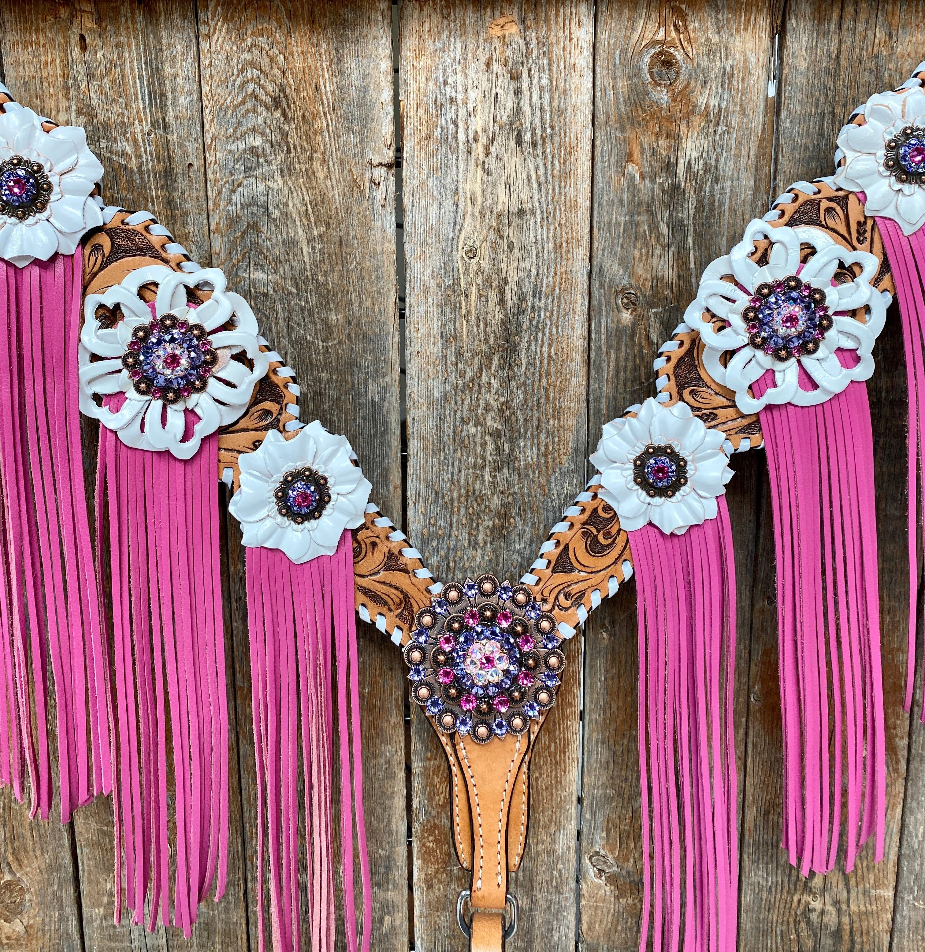 White Whipstitch Pink and White Browband/One Ear & Breastcollar Tack Set #BBBC426 — view 4