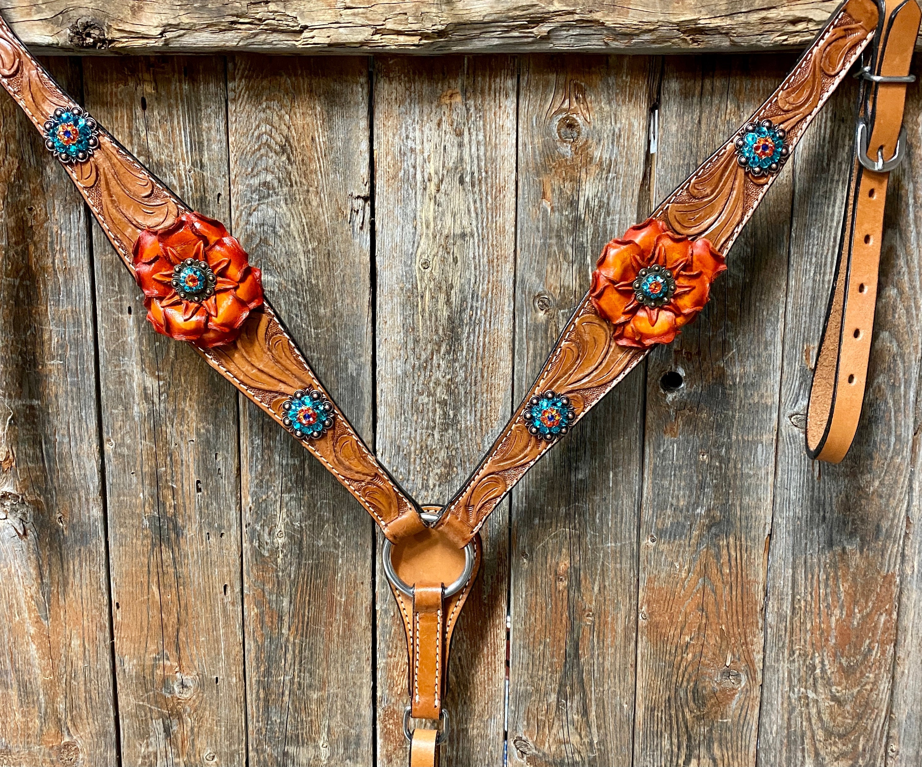 Light Oil Floral Tooled Orange and Teal Browband & Breastcollar Tack Set #BBBC427 — view 2