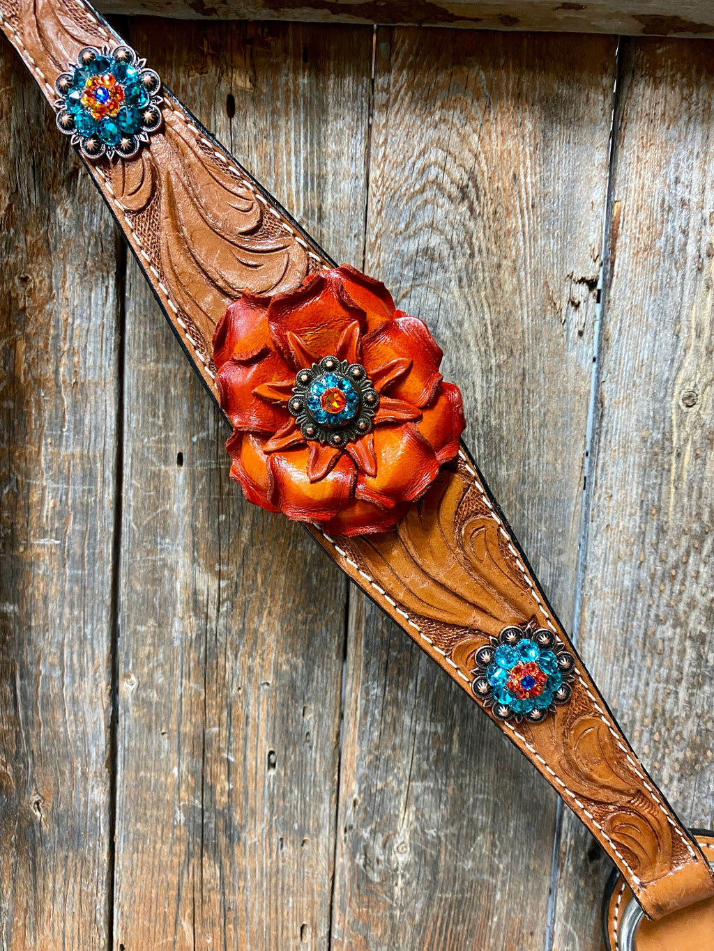 Light Oil Floral Tooled Orange and Teal Browband & Breastcollar Tack Set #BBBC427 — view 3