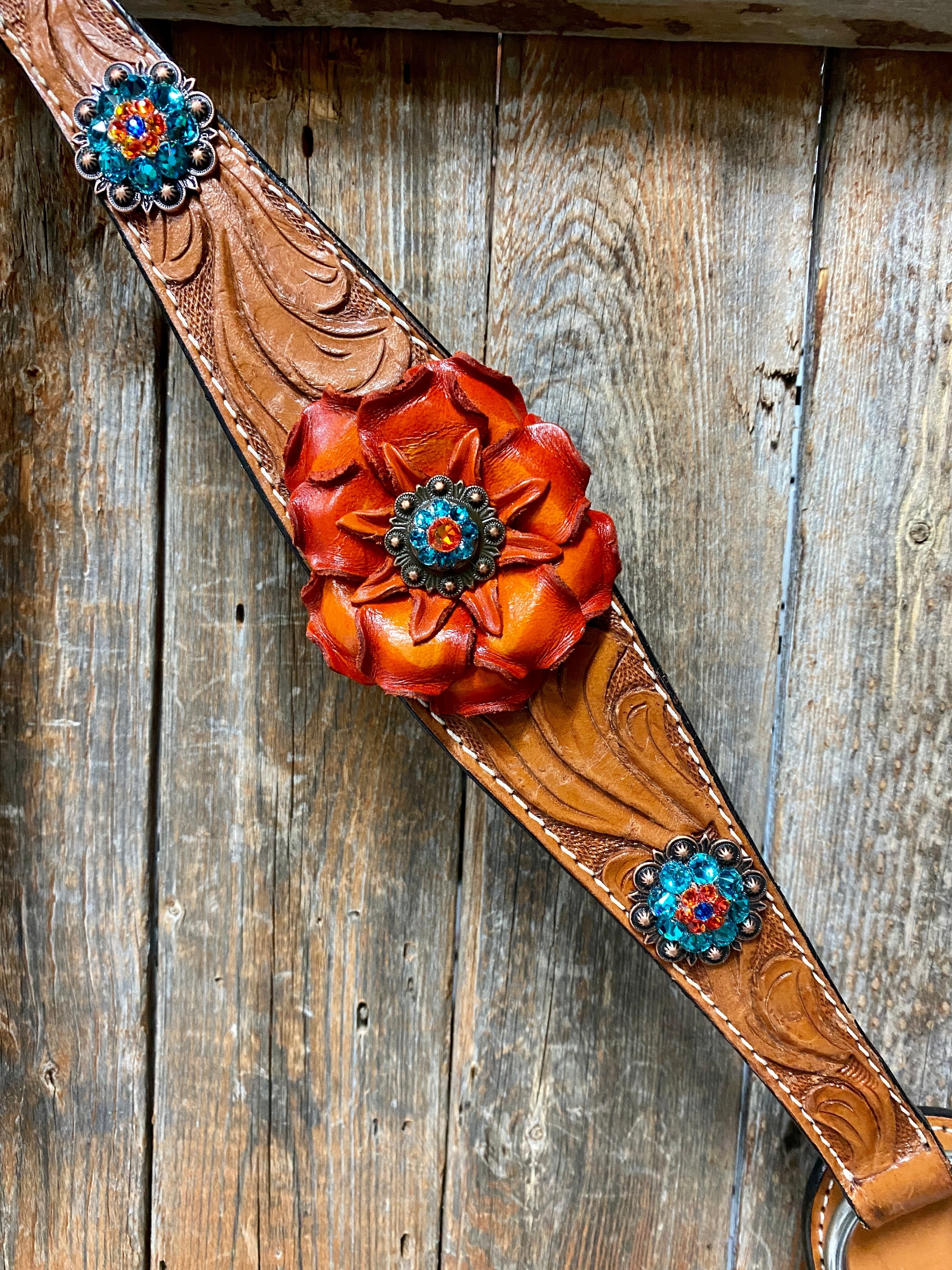 Light Oil Floral Tooled Orange and Teal Browband & Breastcollar Tack Set #BBBC427 — view 3