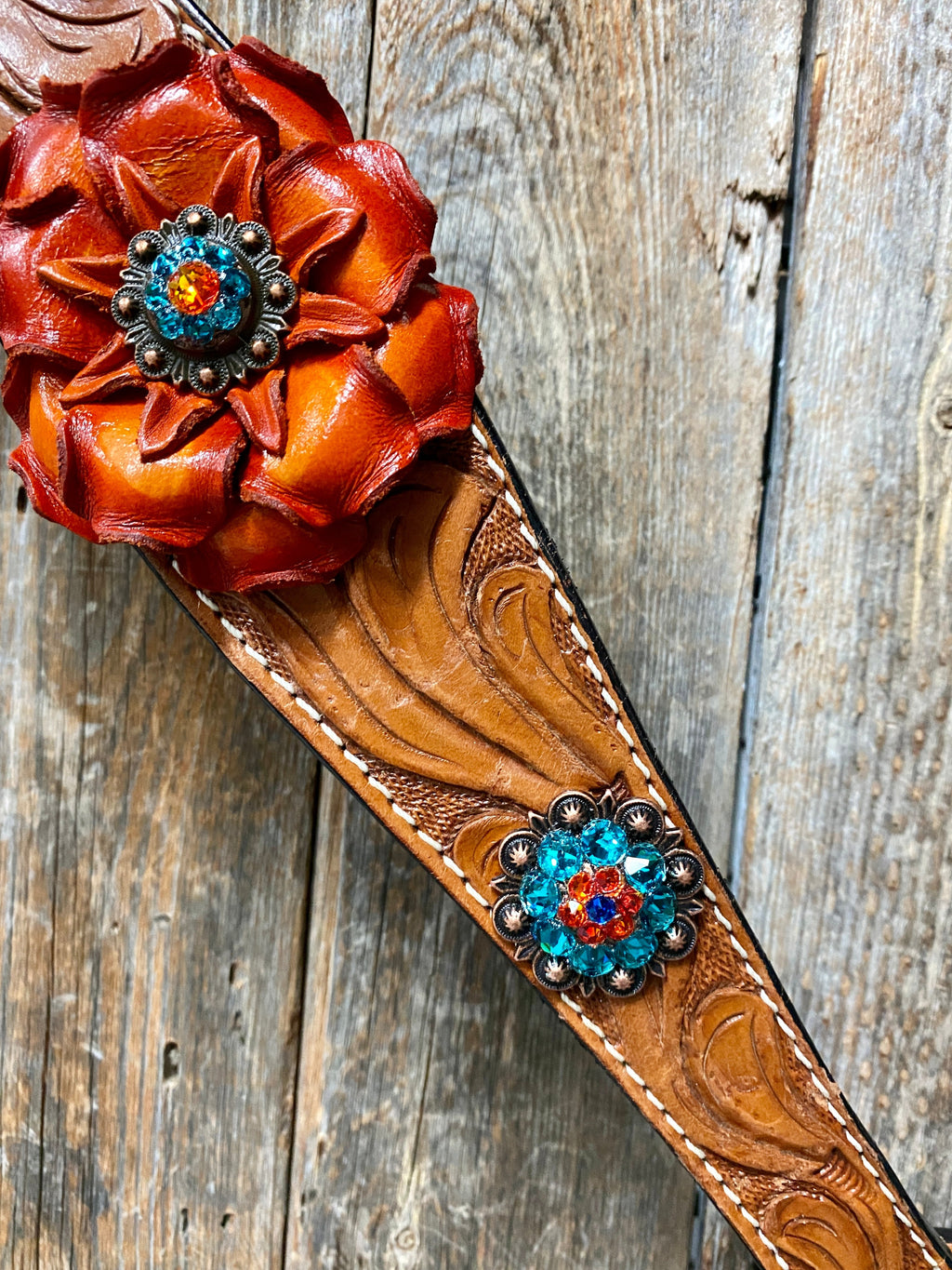 Light Oil Floral Tooled Orange and Teal Browband & Breastcollar Tack Set #BBBC427 — view 4