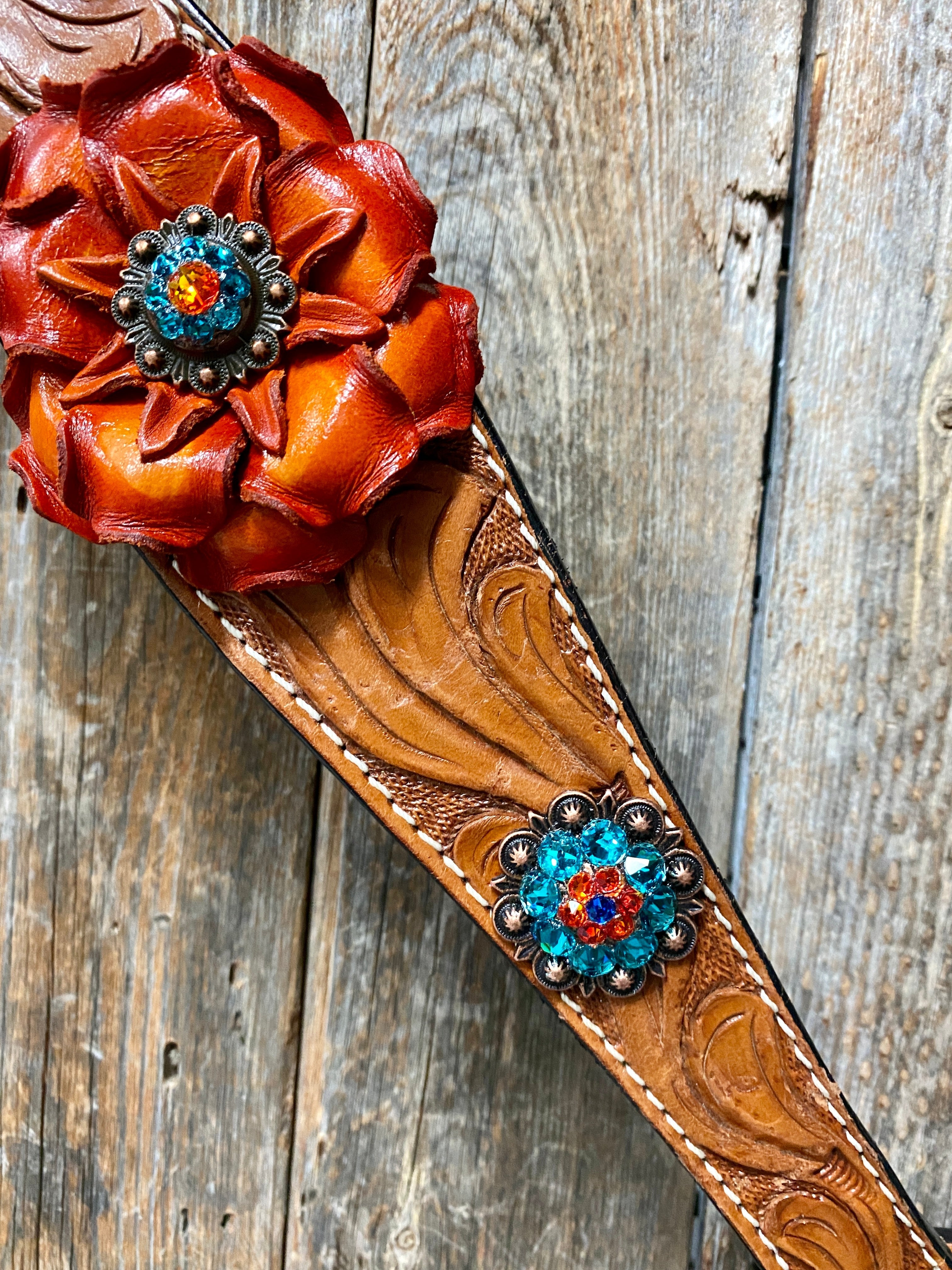 Light Oil Floral Tooled Orange and Teal Browband & Breastcollar Tack Set #BBBC427 — view 4
