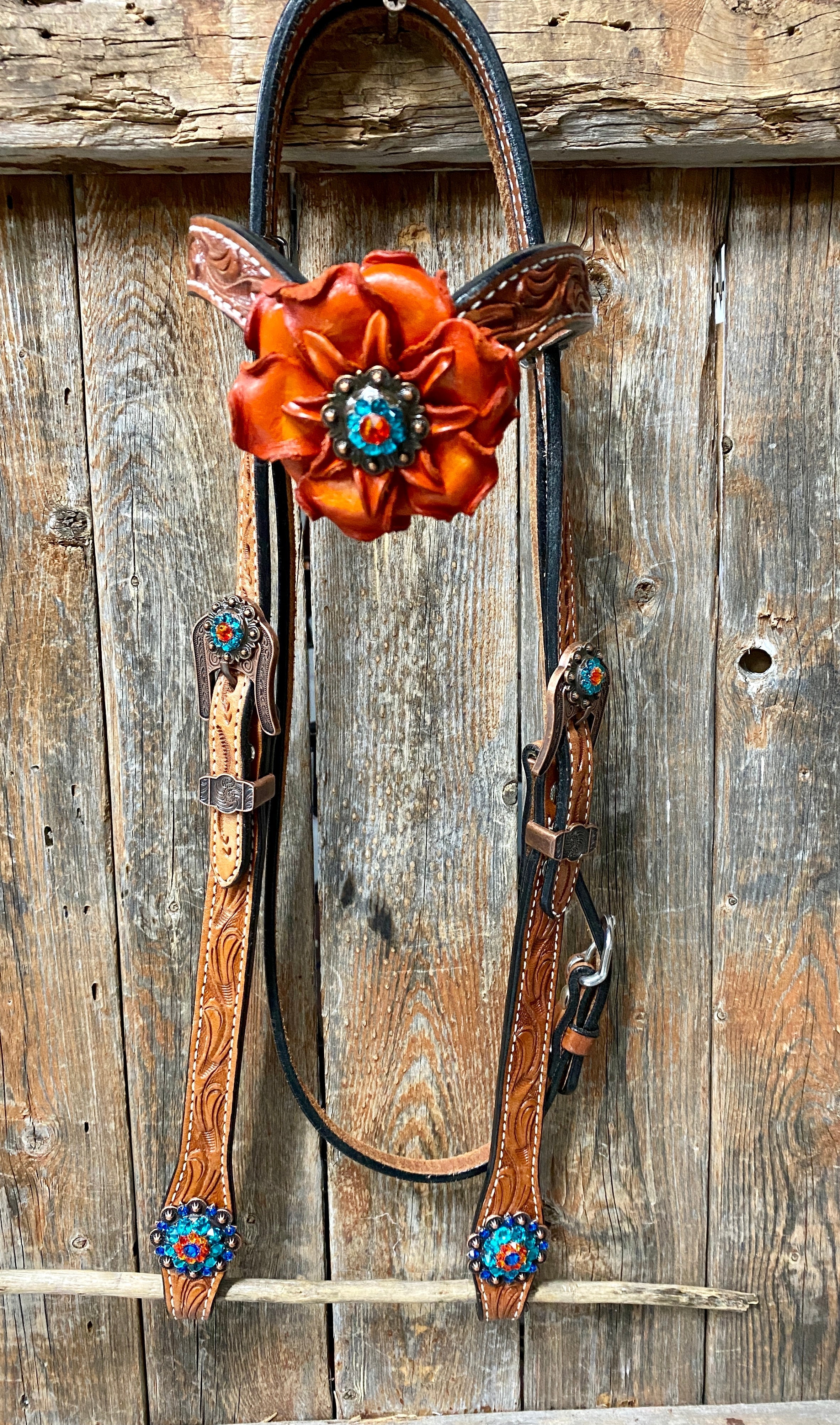 Light Oil Floral Tooled Orange and Teal Browband & Breastcollar Tack Set #BBBC427 — view 5