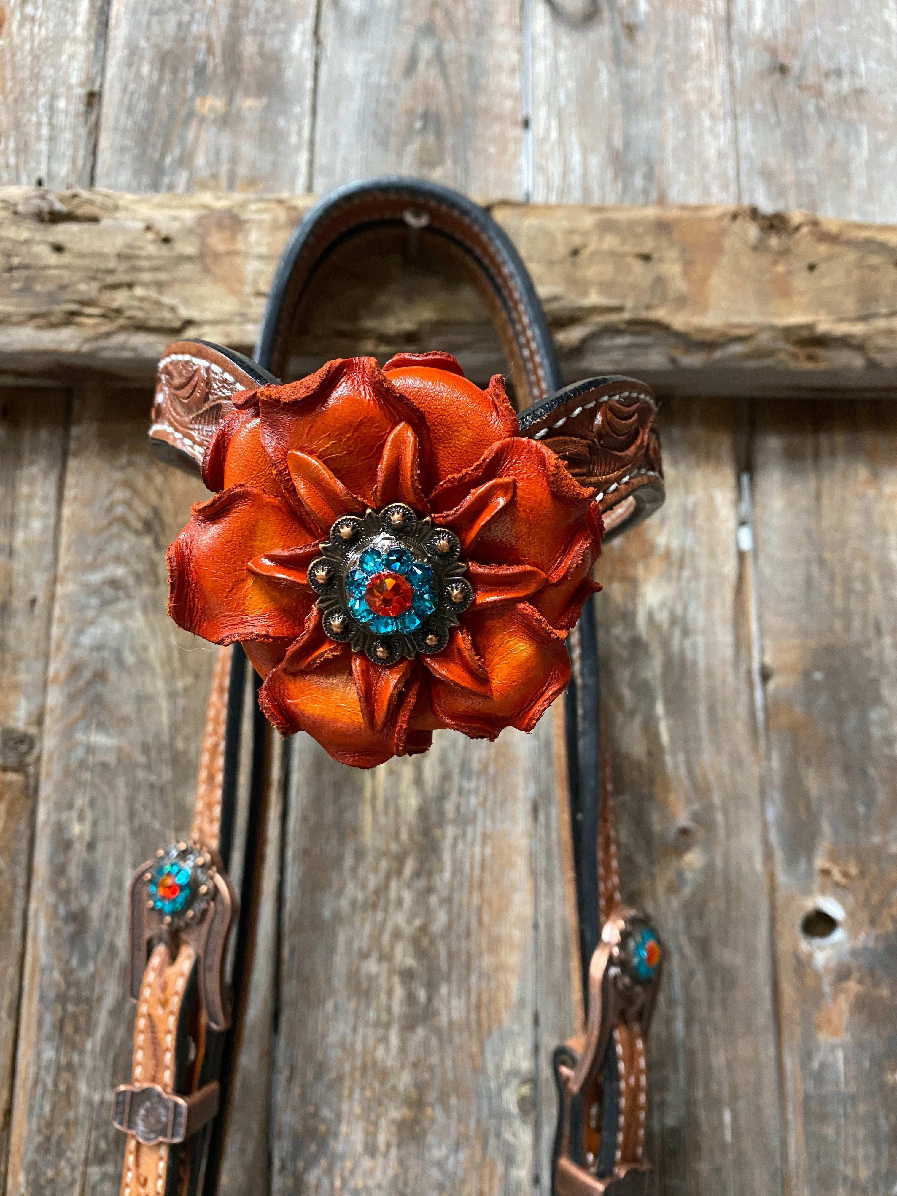 Light Oil Floral Tooled Orange and Teal Browband & Breastcollar Tack Set #BBBC427 — view 6